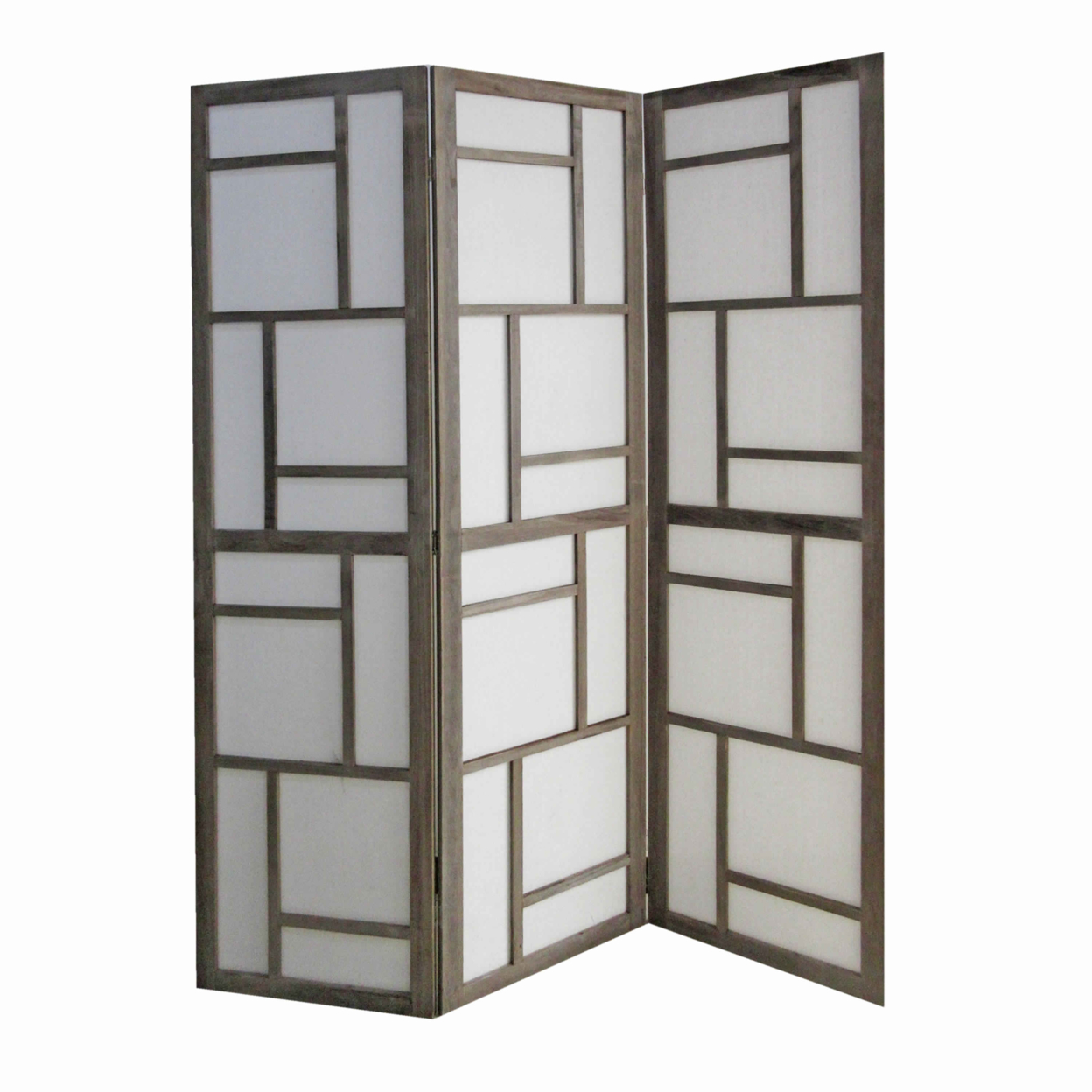 Contemporary 3 Panel Wooden Screen With Geometrical Designs, Gray- Saltoro Sherpi