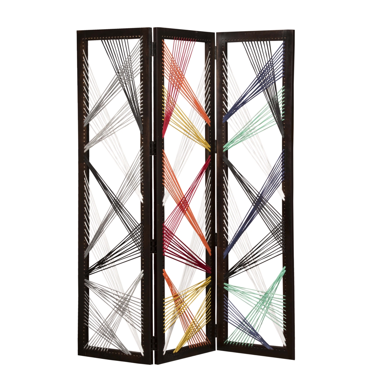 Contemporary 3 Panel Wooden Screen With Woven String Design, Multicolor- Saltoro Sherpi