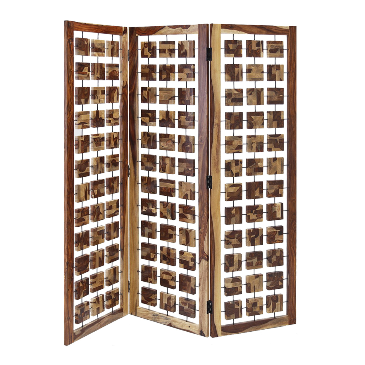 Wooden 3 Panel Room Divider With Interconnected Square Blocks, Brown- Saltoro Sherpi