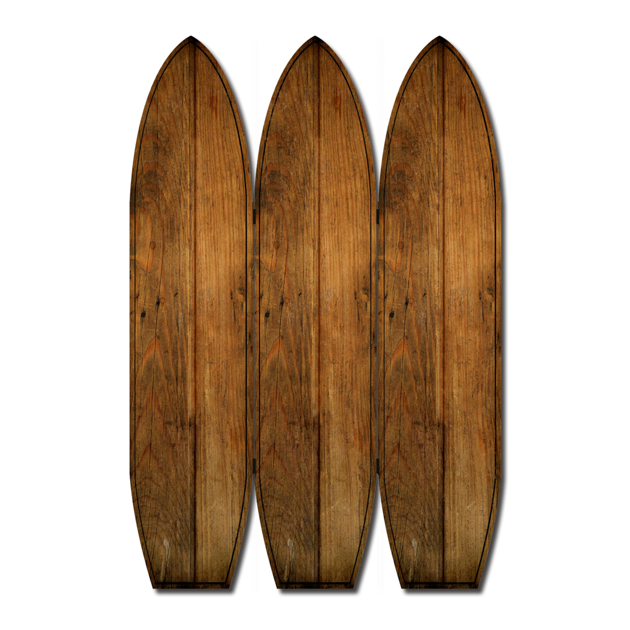 Plank Style Surfboard Shaped 3 Panel Wooden Room Divider, Brown- Saltoro Sherpi