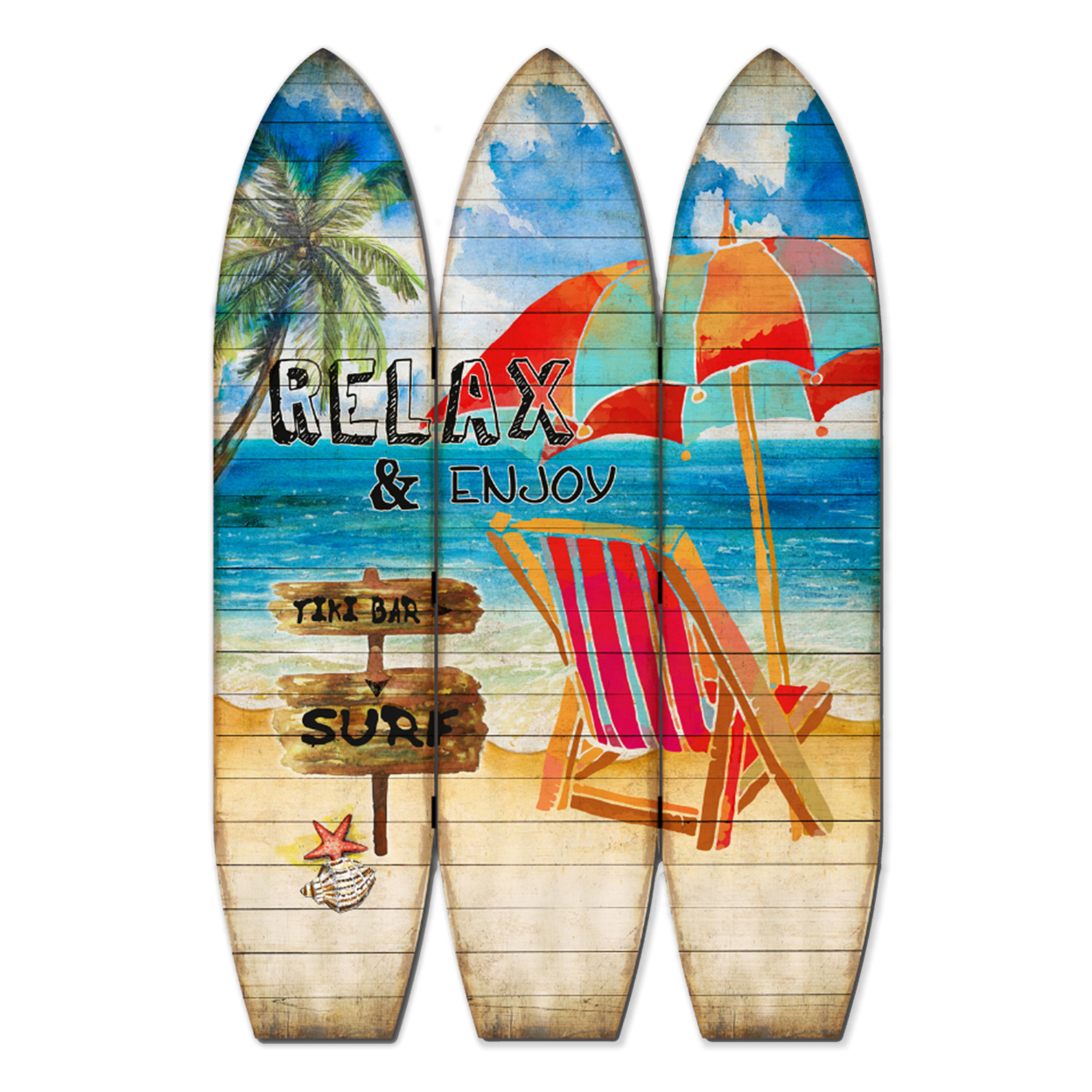 Lounge And Umbrella Print Surfboard Shaped 3 Panel Room Divider, Multicolor- Saltoro Sherpi