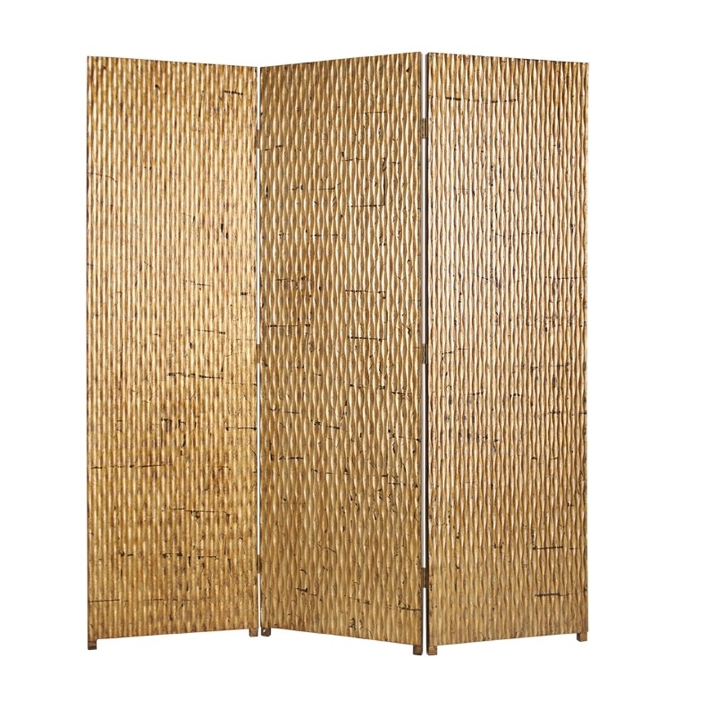 3 Panel Foldable Room Divider With Patterned Wood Panelling, Gold- Saltoro Sherpi