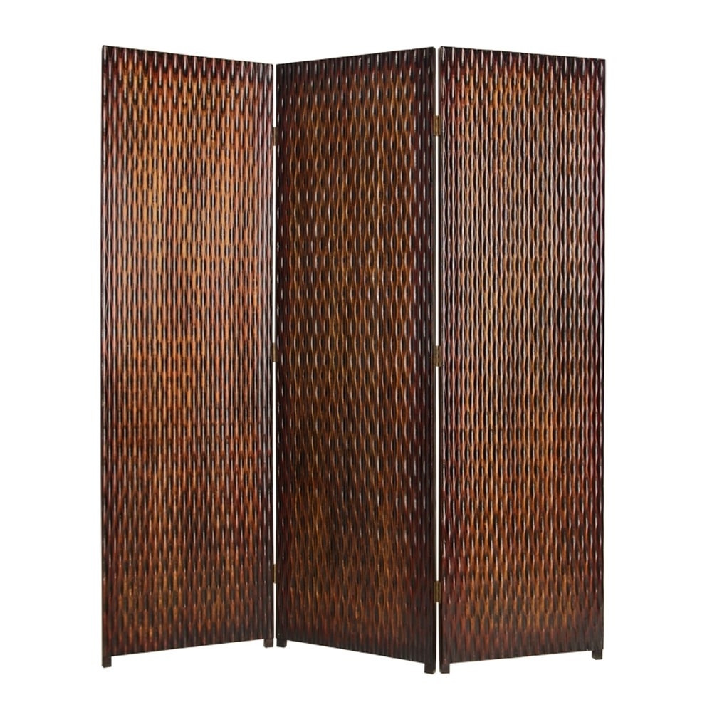 3 Panel Foldable Room Divider With Patterned Wood Panelling, Brown- Saltoro Sherpi