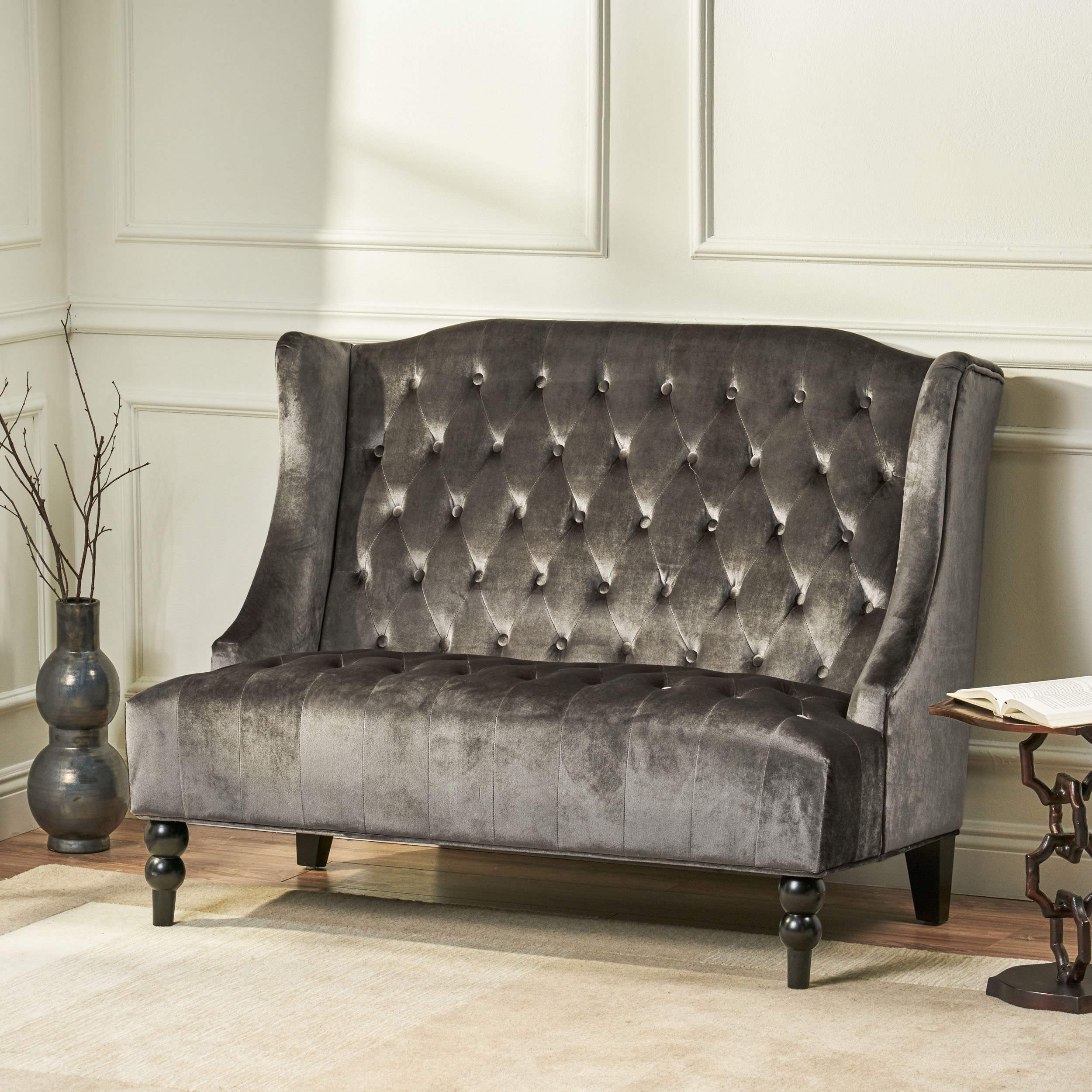 Leona Traditional High Back Tufted Winged Fabric Loveseat - Gray
