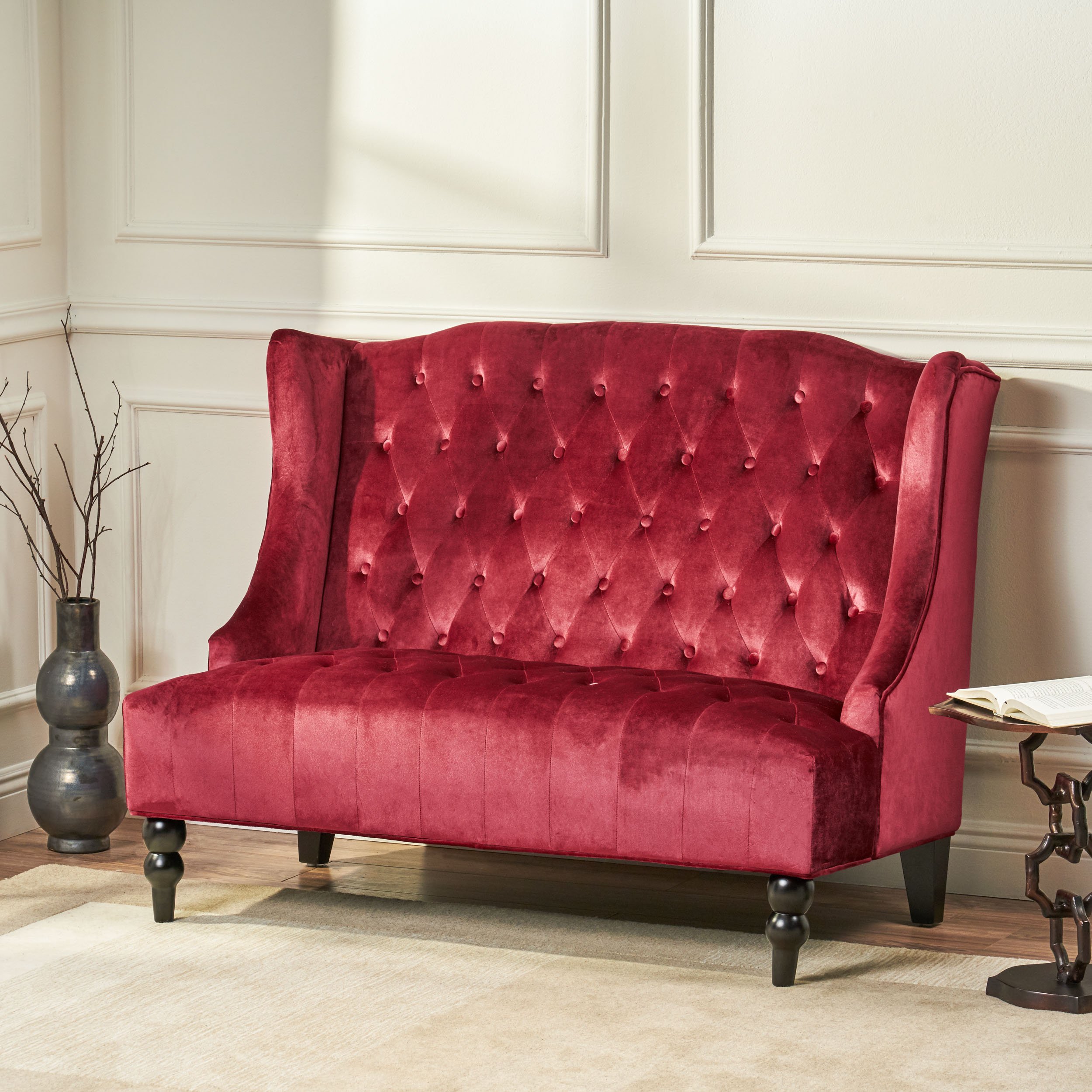 Leona Traditional High Back Tufted Winged Fabric Loveseat - Wine