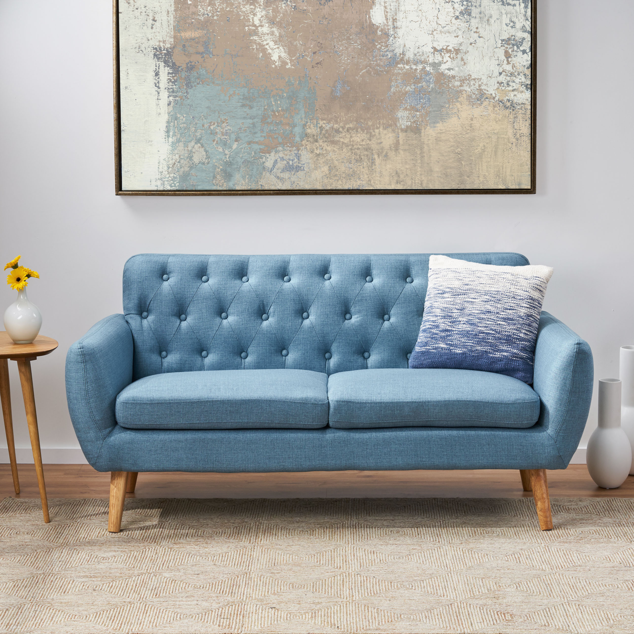 Eunice Petite Mid Century Modern Tufted Fabric Sofa - Blue