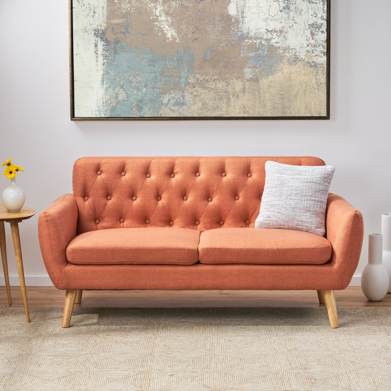 Eunice Petite Mid Century Modern Tufted Fabric Sofa - Burnt Orange