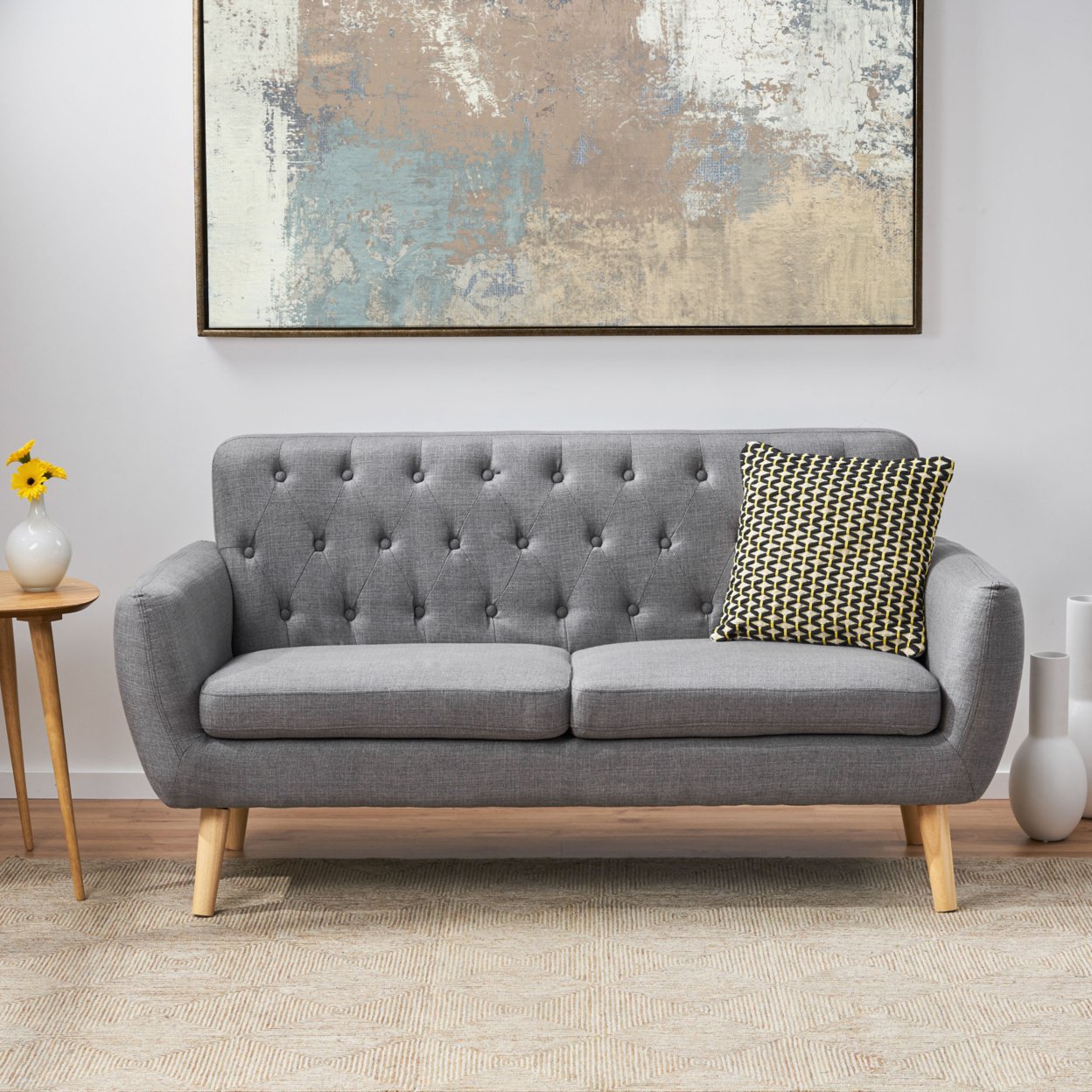 Eunice Petite Mid Century Modern Tufted Fabric Sofa - Dark Gray