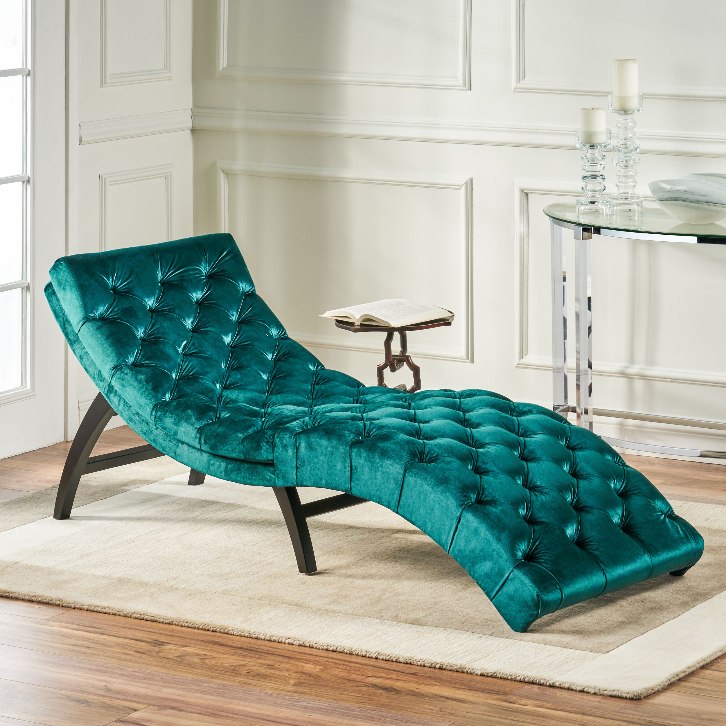 Grasby Tufted New Velvet Chaise Lounge - Emerald