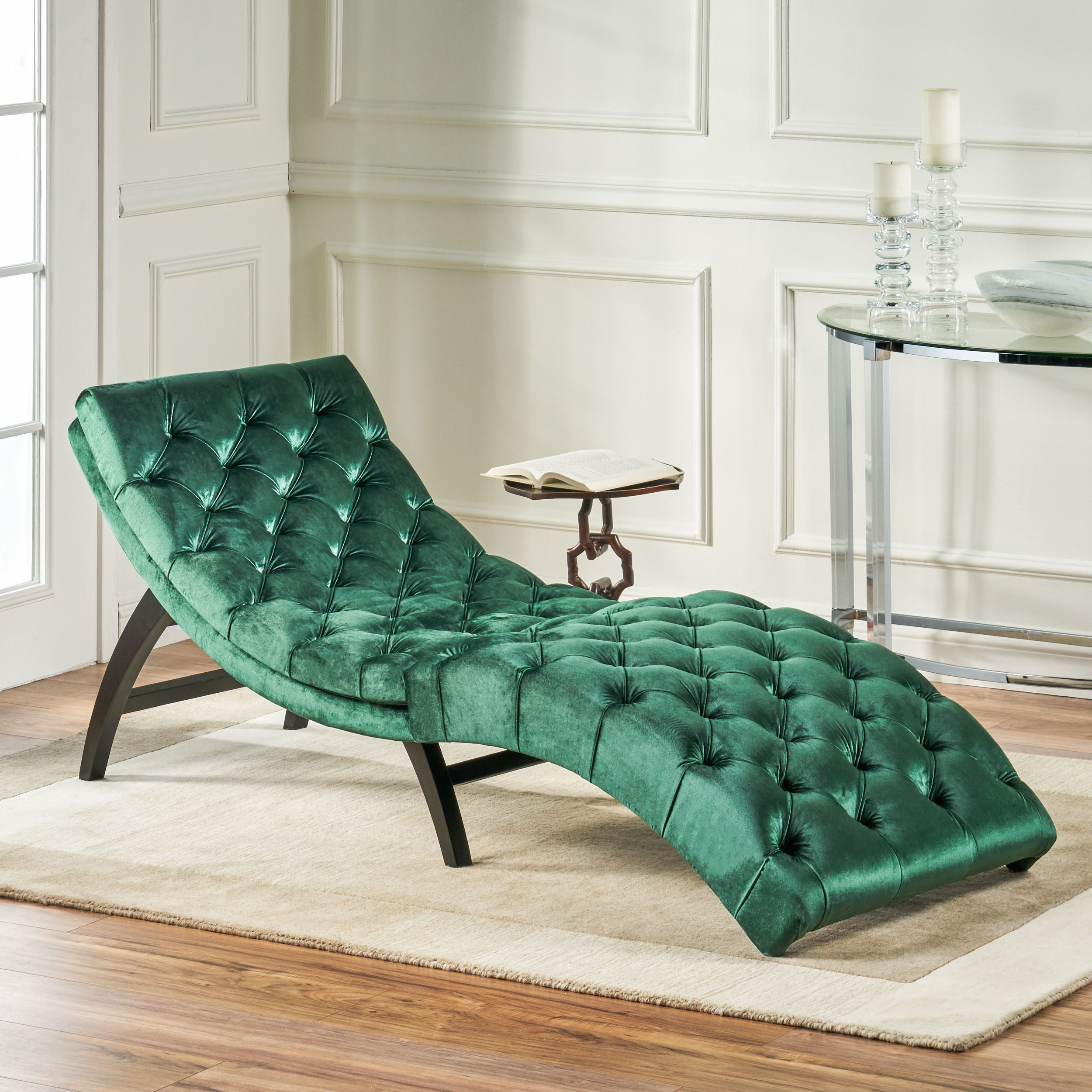 Grasby Tufted New Velvet Chaise Lounge - Emerald