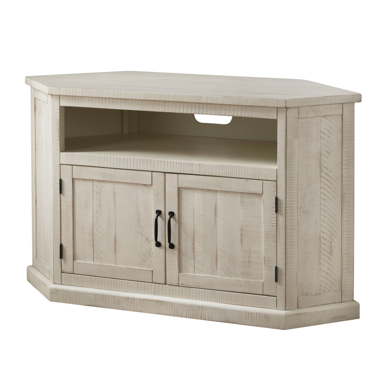 Saltoro Sherpi Rustic Style Wooden Corner TV Stand with 2 Door Cabinet, White