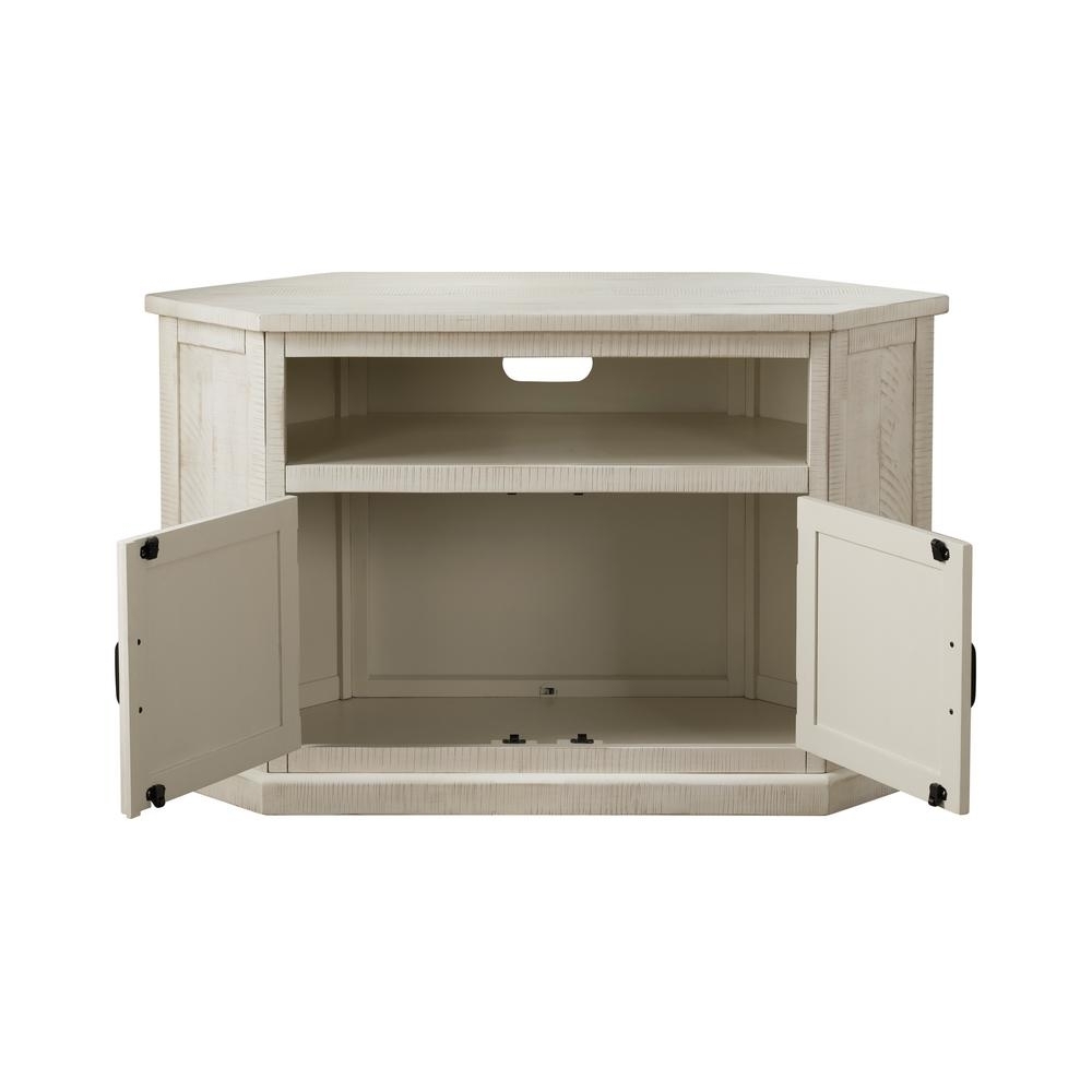 Rustic Style Wooden Corner TV Stand With 2 Door Cabinet, White- Saltoro Sherpi
