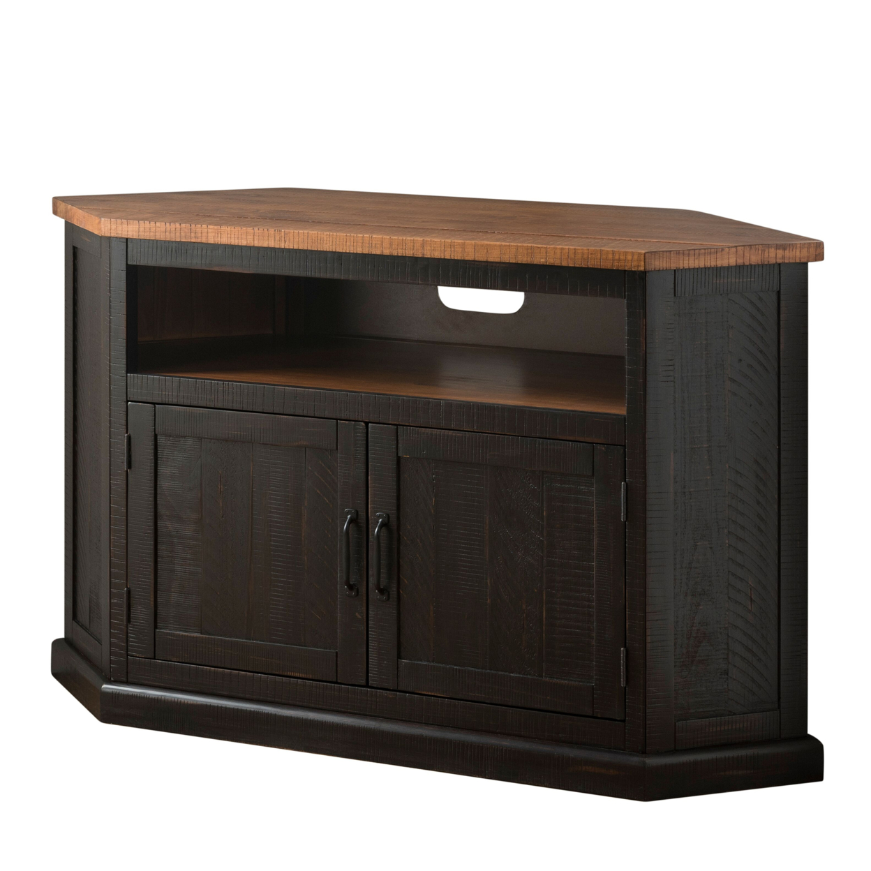 Rustic Style Wooden Corner TV Stand With 2 Door Cabinet, Brown- Saltoro Sherpi