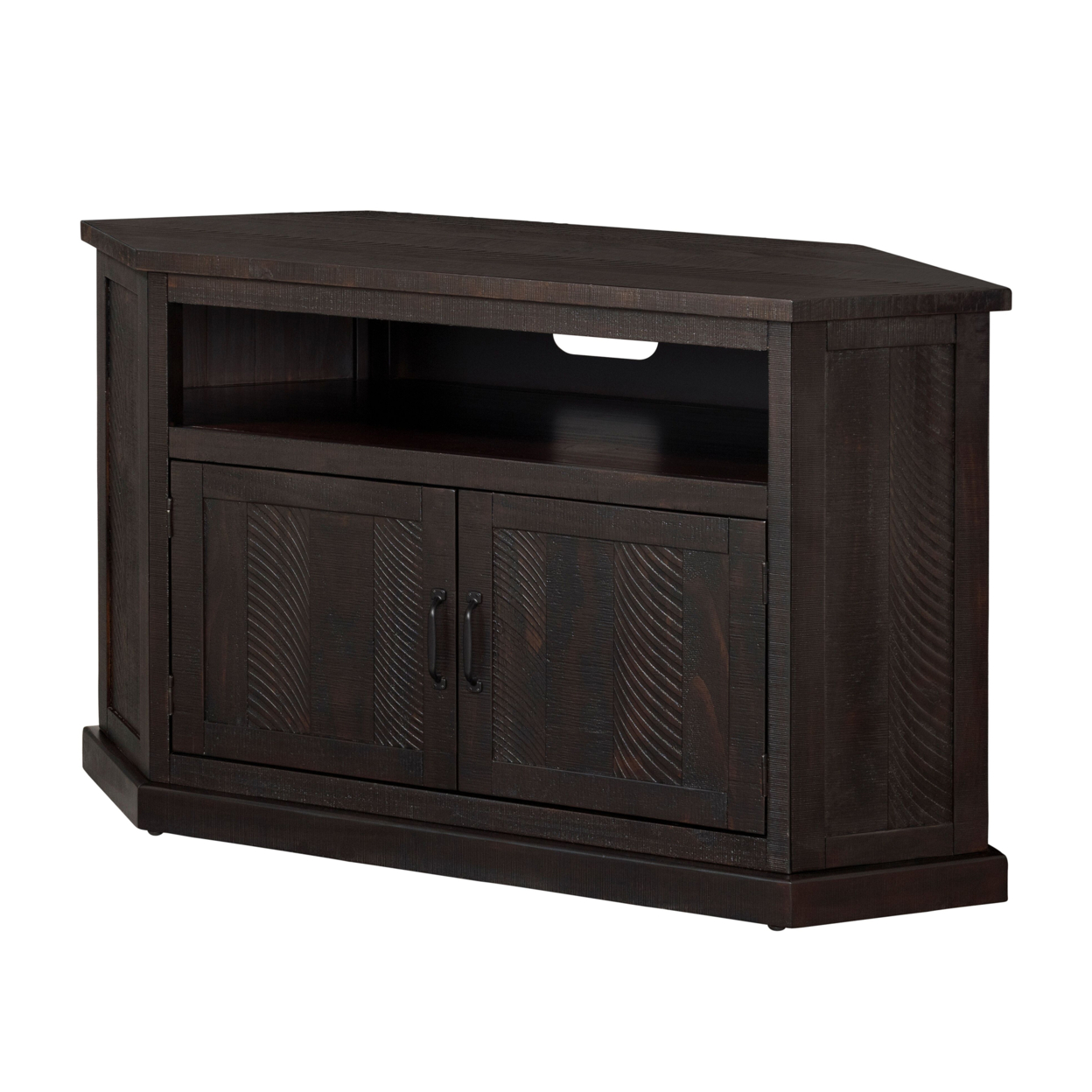Rustic Wooden Corner TV Stand With 2 Door Cabinet, Espresso Brown- Saltoro Sherpi