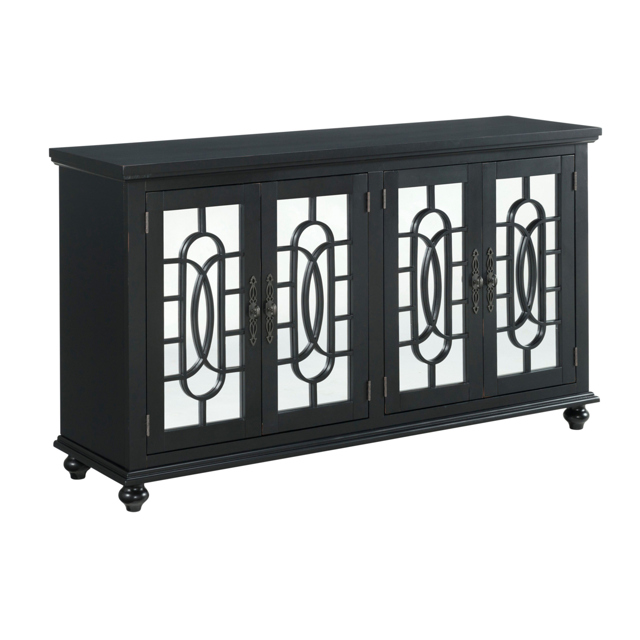 Trellis Front Wood And Glass TV Stand With Cabinet Storage, Black- Saltoro Sherpi
