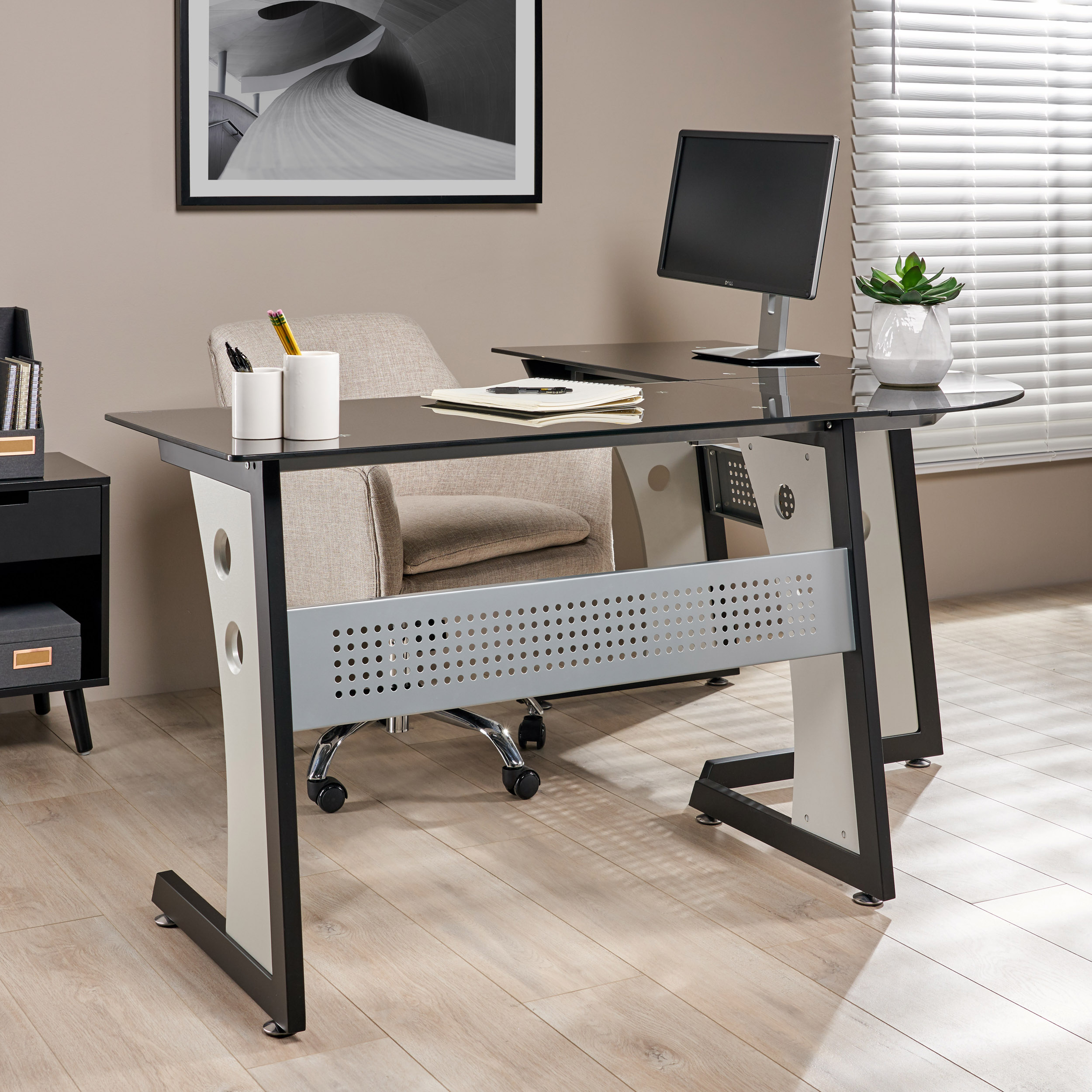 Orion L Shaped Office Desk With Tempered Glass Top