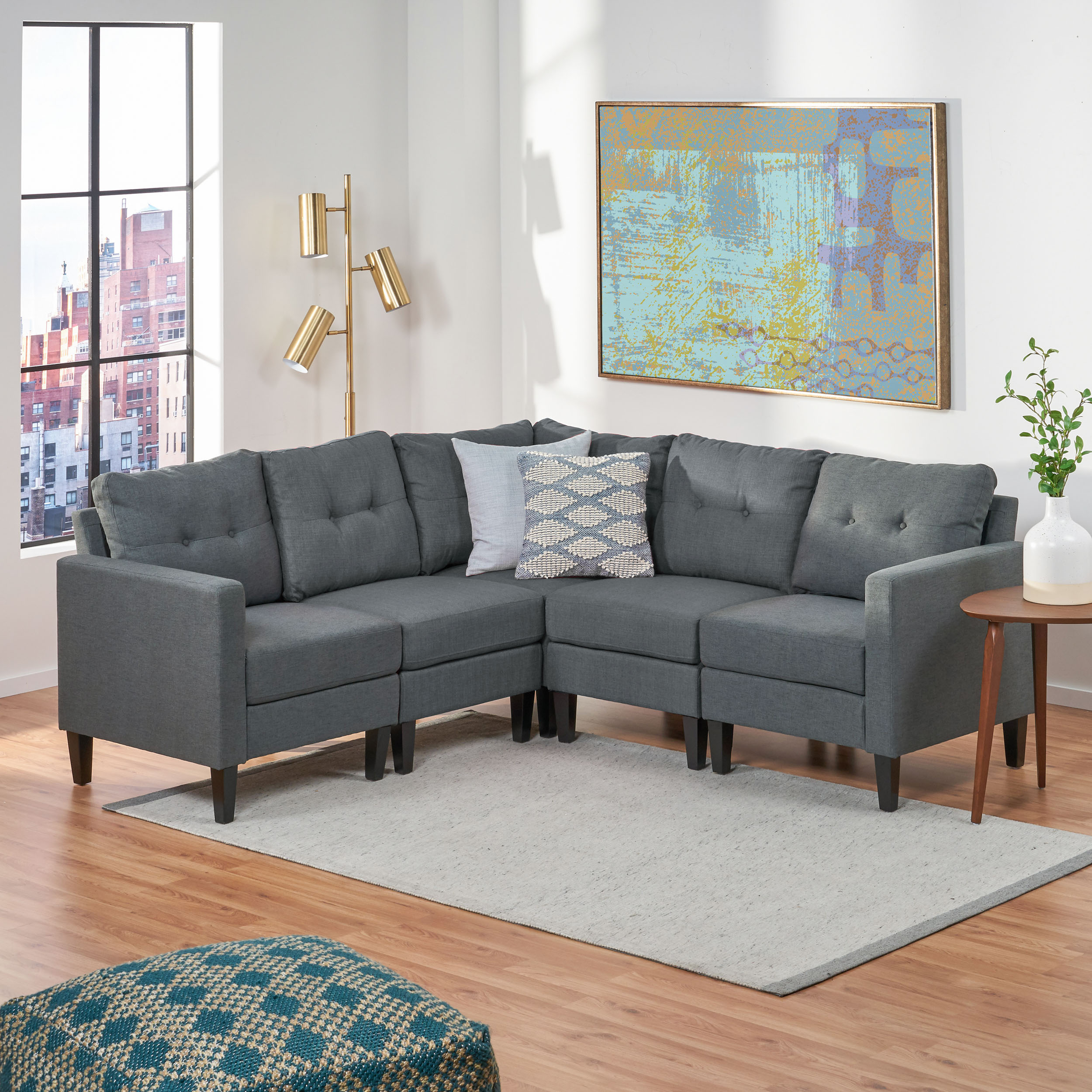 Niya Mid Century Modern 5 Piece Fabric Sectional Sofa - Dark Gray