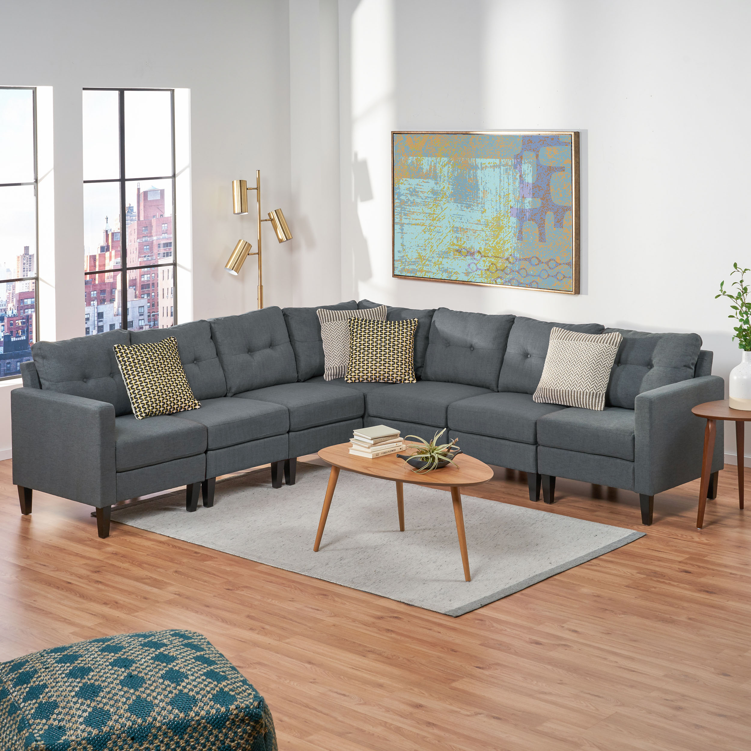 Niya Mid Century Modern 7 Piece Fabric Extended Sectional Sofa - Gray