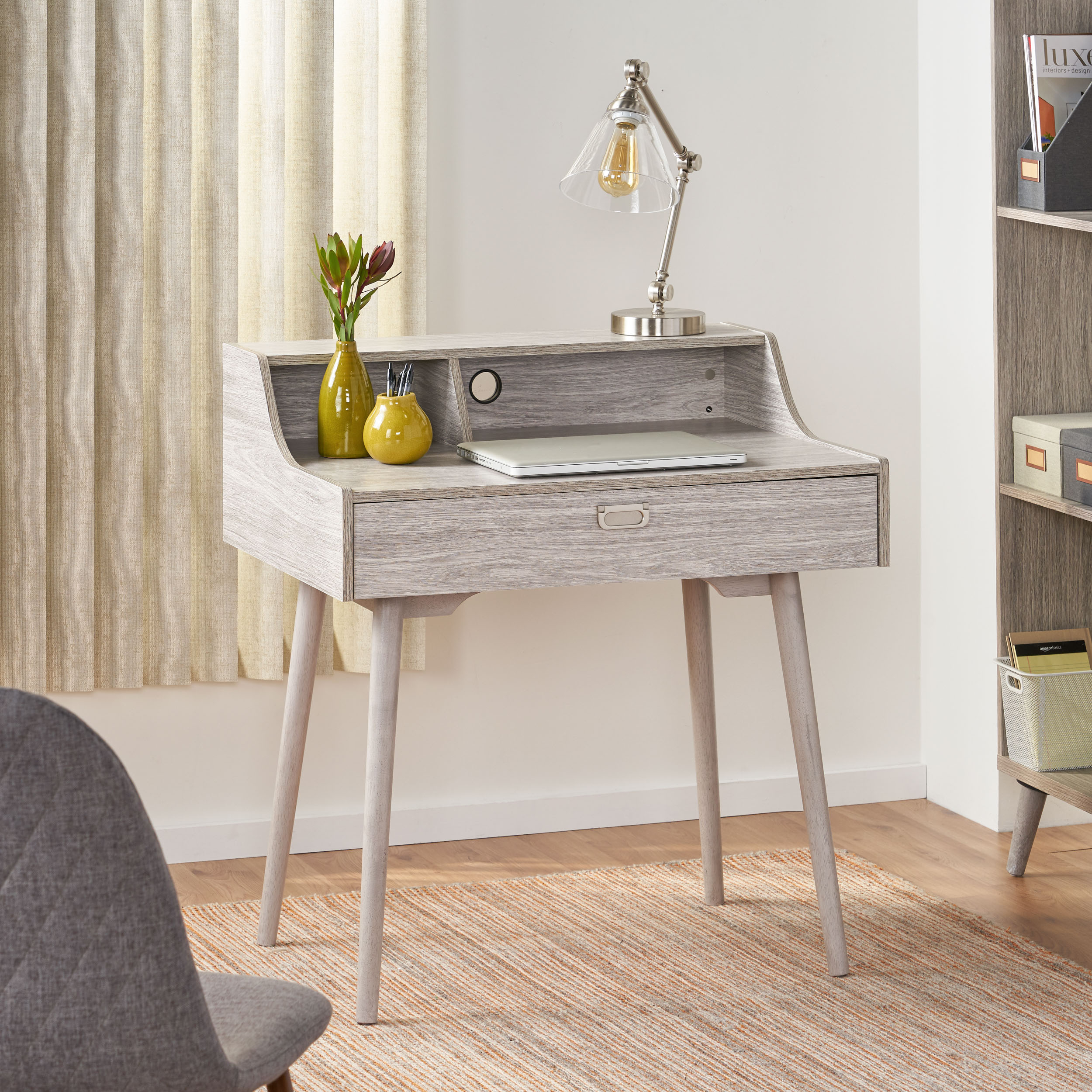 Elyse Mid Century Modern Finished Fiberboard Home Office Desk - Gray Oak