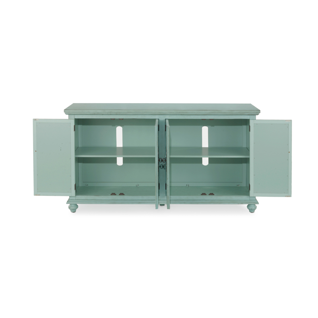 Trellis Front Wood And Glass TV Stand With Cabinet Storage, Mint Green- Saltoro Sherpi