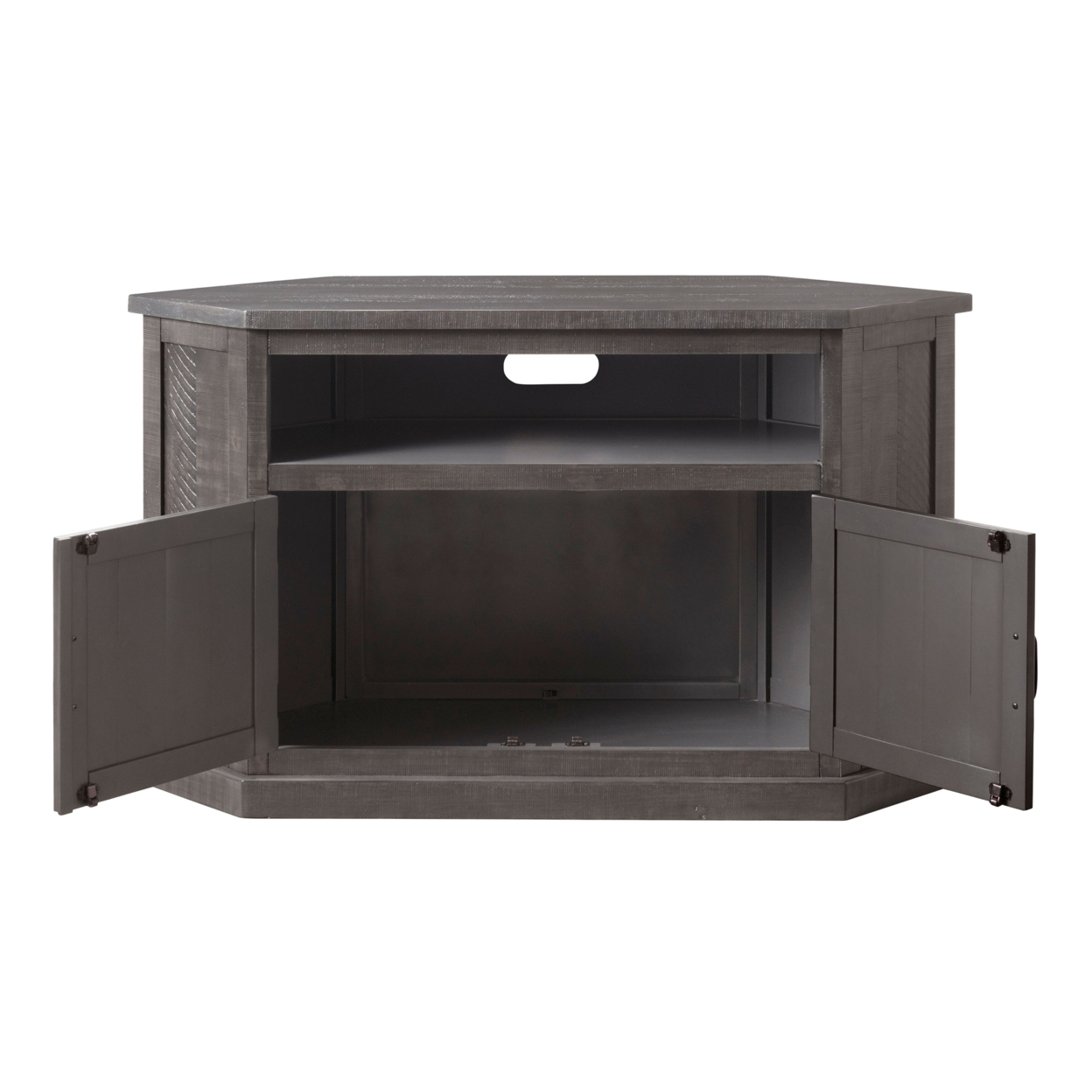 Rustic Style Wooden Corner TV Stand With 2 Door Cabinet, Gray- Saltoro Sherpi