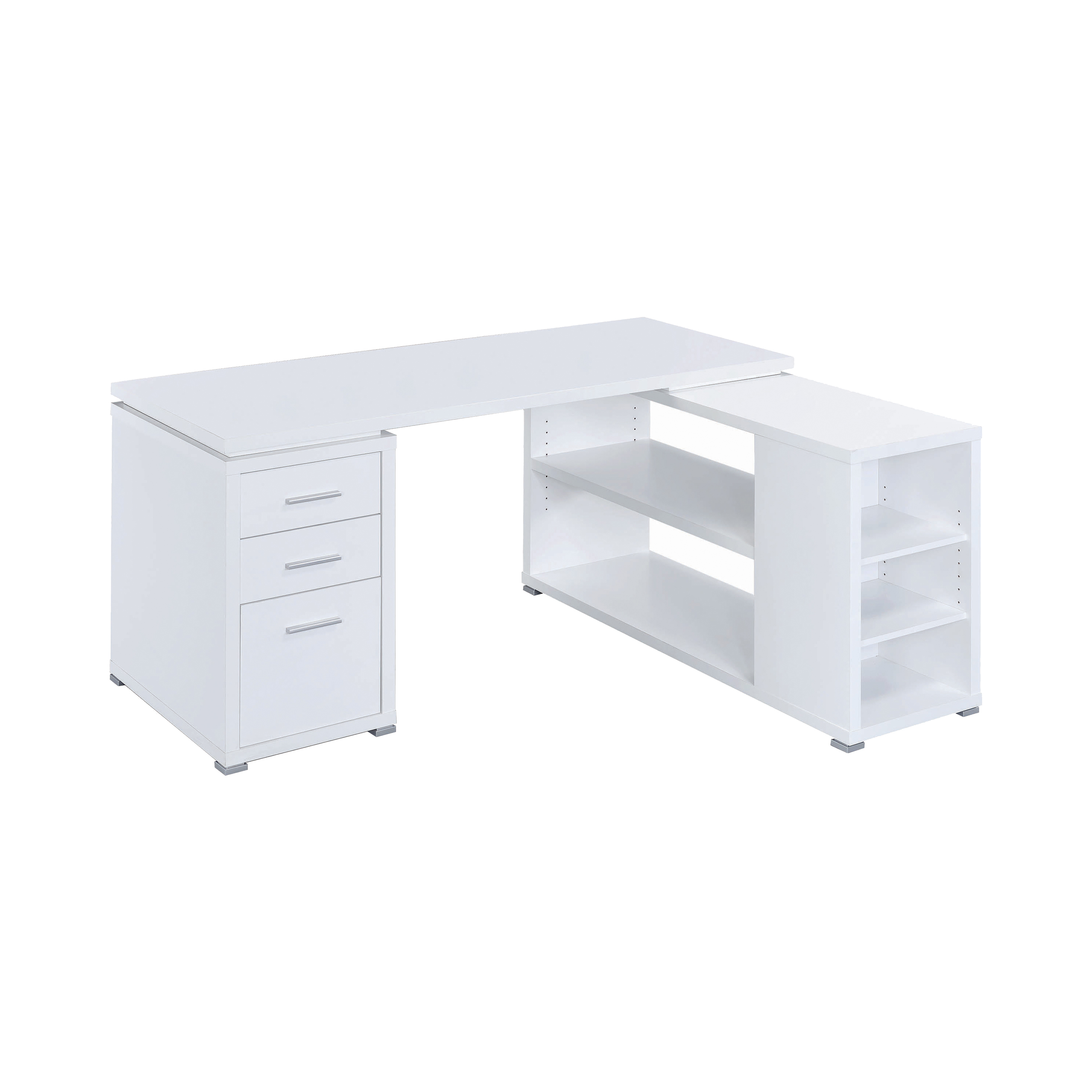 Contemporary L Shaped Office Desk With 3 Drawers And Shelves, White- Saltoro Sherpi