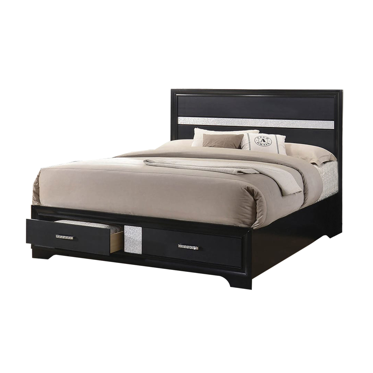Wooden California King Size Bed With 2 Storage Drawers, Black And Silver- Saltoro Sherpi