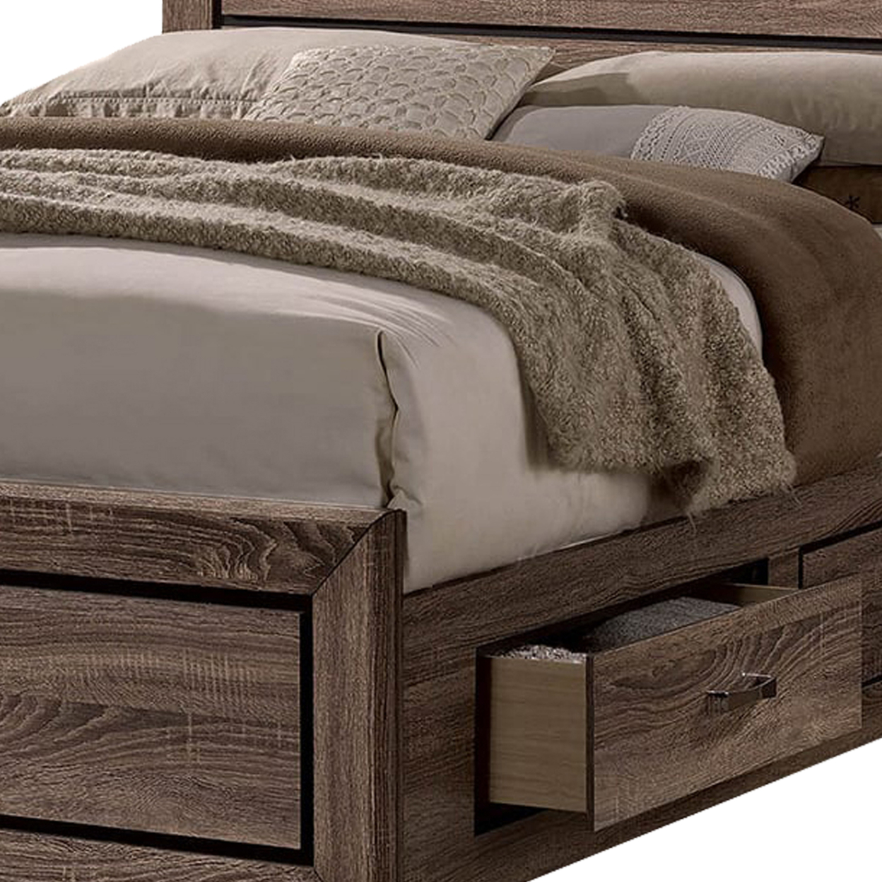Wooden Queen Size Bed With 4 Spacious Side Rail Drawers, Brown- Saltoro Sherpi