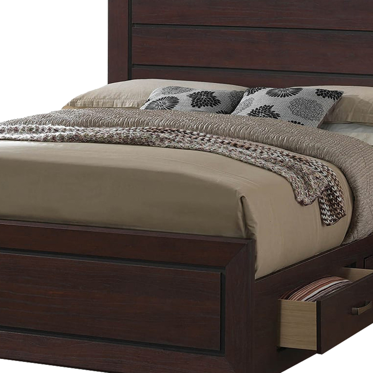 Wooden Queen Size Bed With 4 Spacious Side Rail Drawers, Dark Brown- Saltoro Sherpi