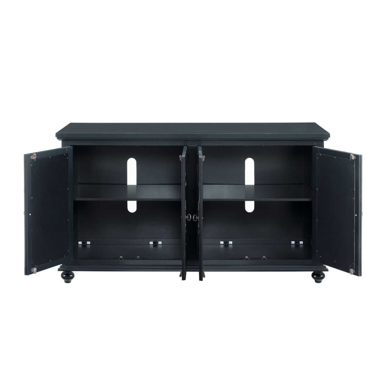 Trellis Front Wood And Glass TV Stand With Cabinet Storage, Black- Saltoro Sherpi