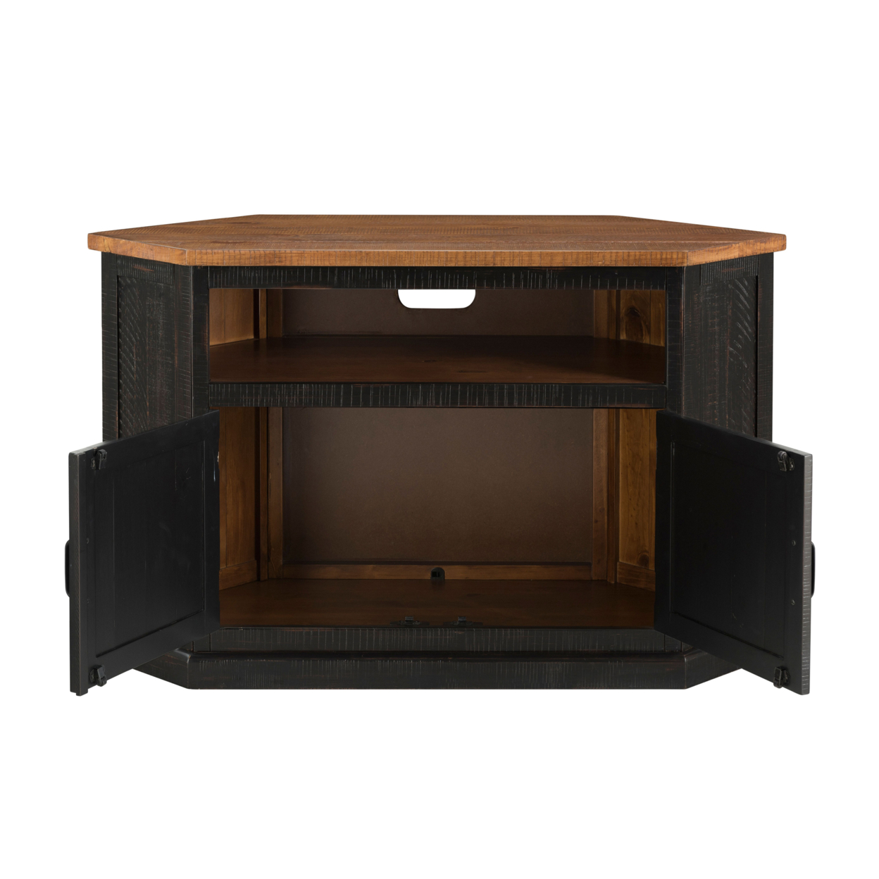 Rustic Style Wooden Corner TV Stand With 2 Door Cabinet, Brown- Saltoro Sherpi