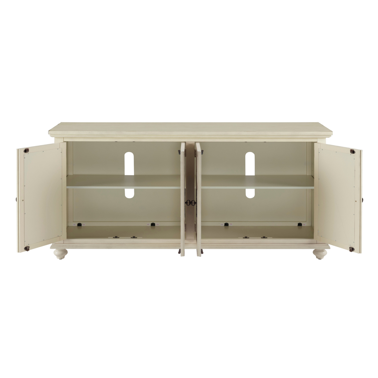 Trellis Front Wood And Glass TV Stand With Cabinet Storage, Beige- Saltoro Sherpi
