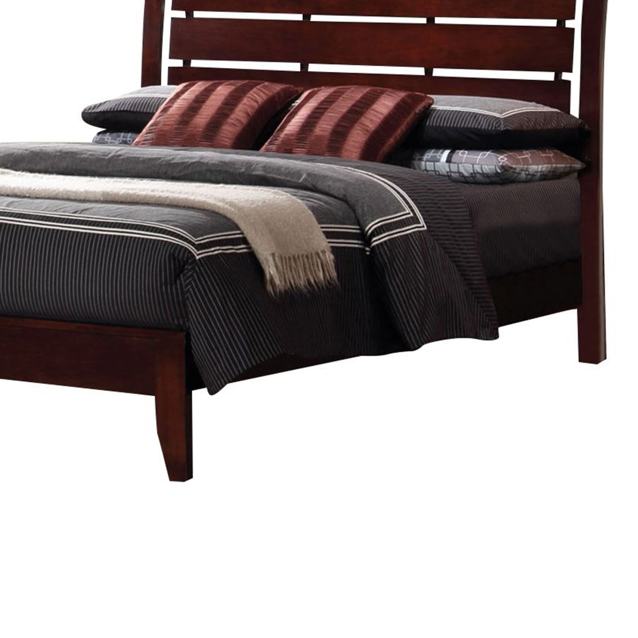 Transitional California King Size Wooden Bed With Slatted Headboard, Brown- Saltoro Sherpi