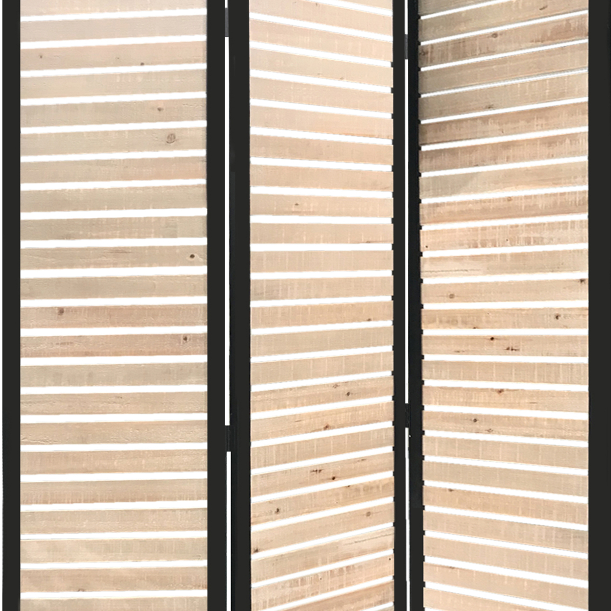 Metal Framed 3 Panel Screen With Wooden Horizontal Inset, Black & White- Saltoro Sherpi