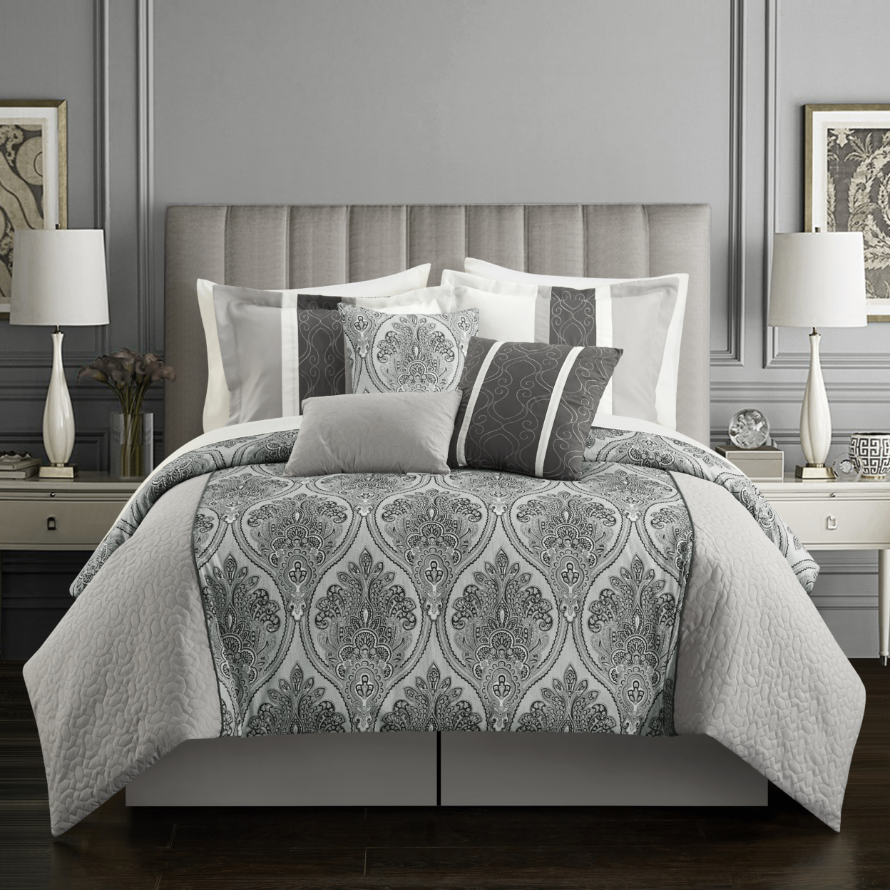 Phantogram 7 Piece Reversible Geometric Damask Pattern Comforter Set - Grey, King