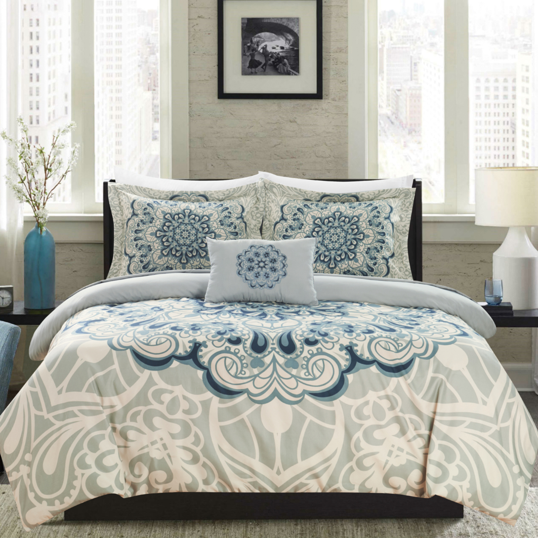 Mindy 8 Or 6 Piece Reversible Duvet Cover Set Large Scale Boho Inspired Medallion Paisley Print Design Bed In A Bag - Blue, Queen