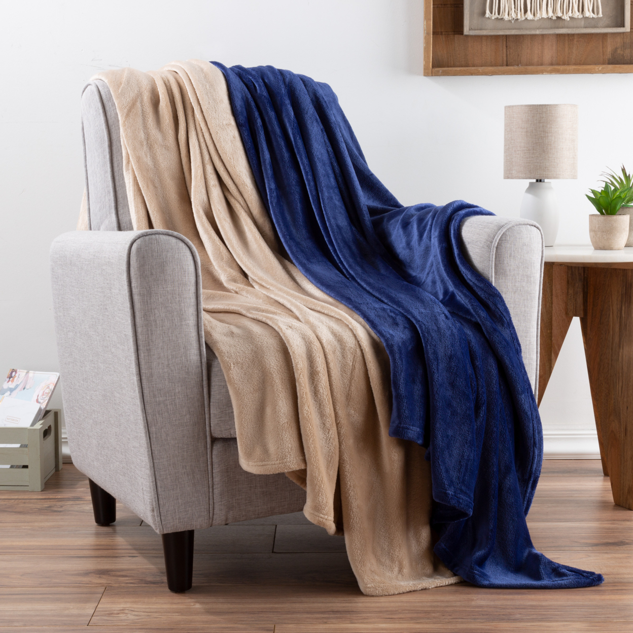 Fleece Throw Blanket-Set Of 2 Navy Blue & Sand Plush 50 X 60 Soft And Snuggly Couch Chair