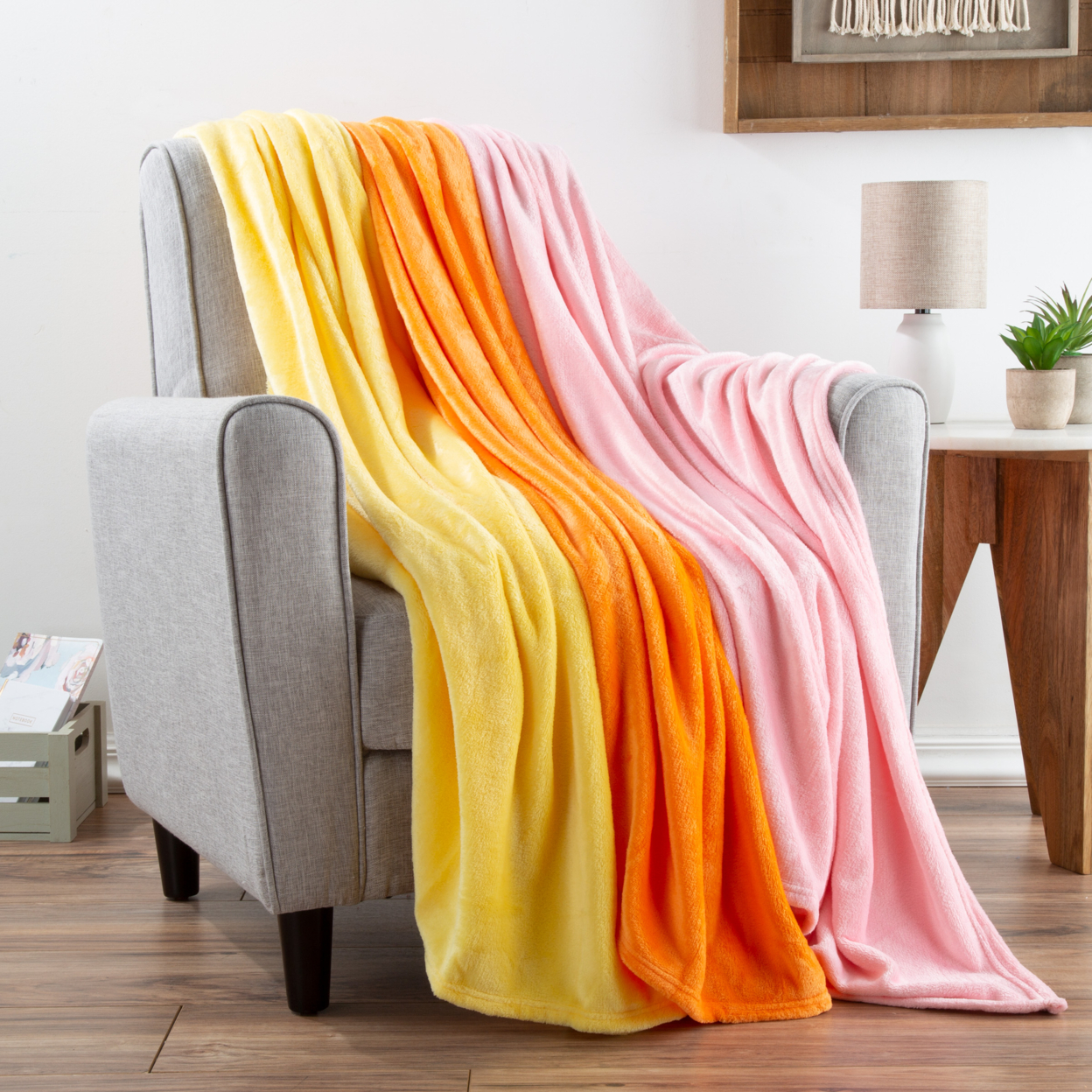 Fleece Throw Blanket- Set Of 3- Yellow, Orange & Pink Plush 60 X 50 Blankets- Soft & Cozy