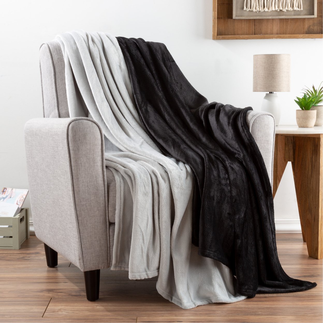 Fleece Throw Blanket-Set Of 2- Black & Gray Plush 50 X 60 Inches Soft Snuggly Chair Couch