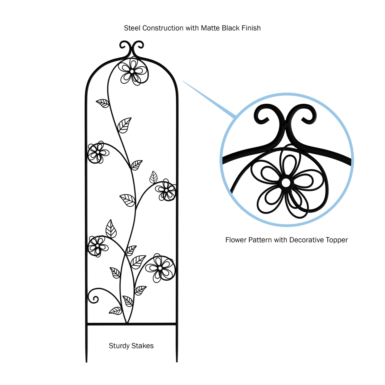 Garden Trellis- For Climbing Plants- Decorative Black Curving Flower Stem Metal Panel -For Vines, Roses, Vegetable Plants & Flowers