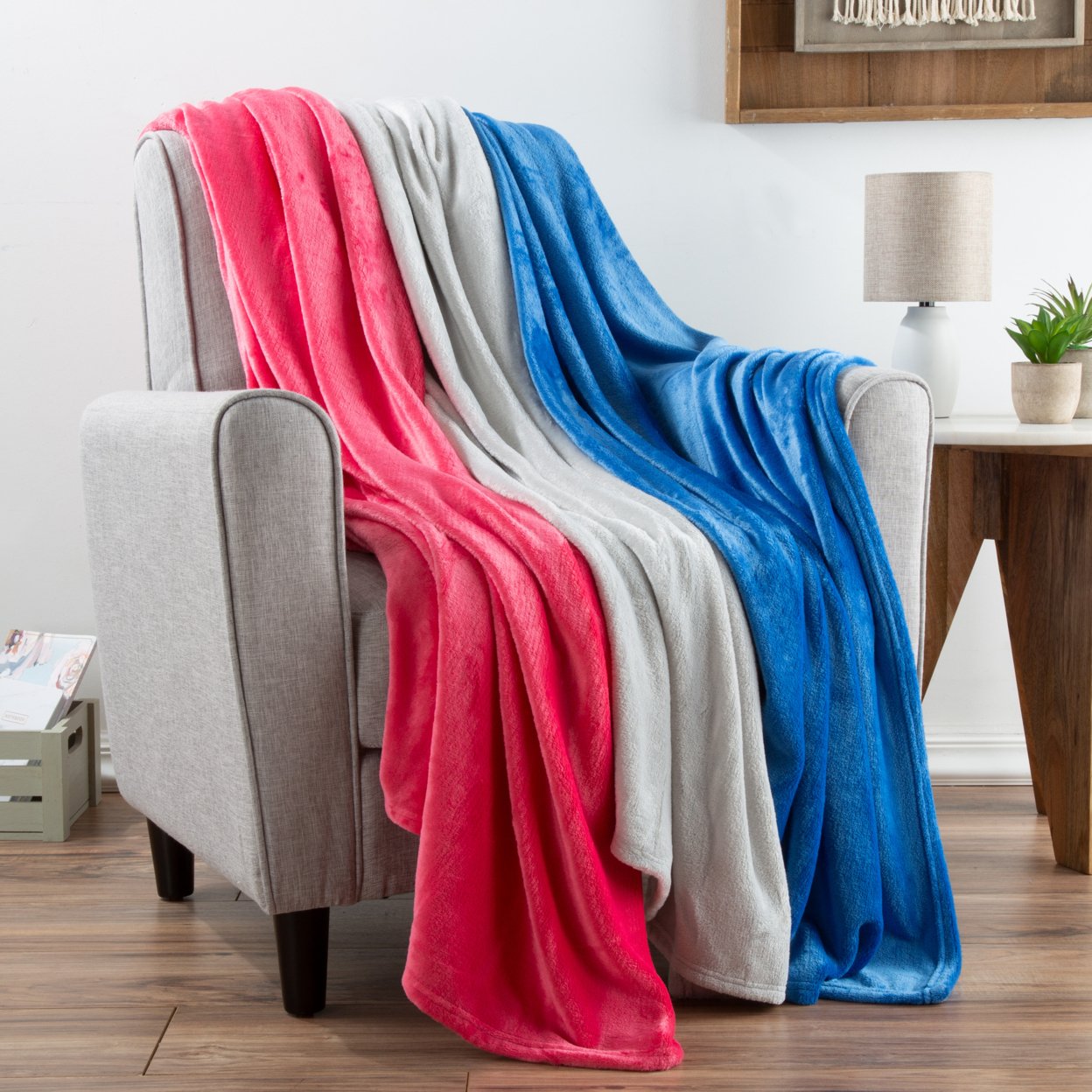 Fleece Throw Blanket- Set Of 3- Blue, Gray & Pink Plush 60 X 50 Throw Blankets- Soft & Cozy