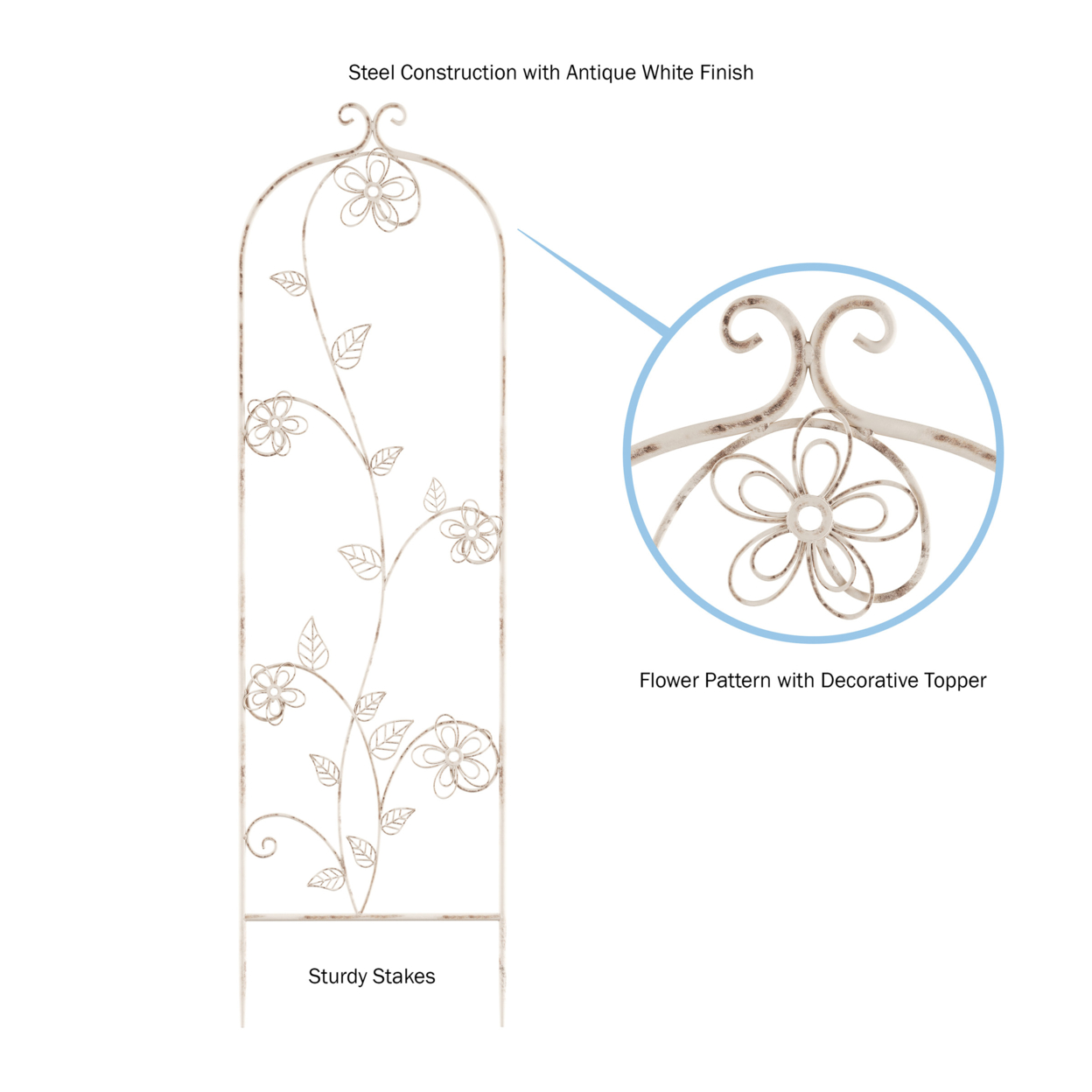 Garden Trellis- For Climbing Plants-Antique White Decorative Flower Stem Metal Panel-For Vines, Roses, Plants & Flowers