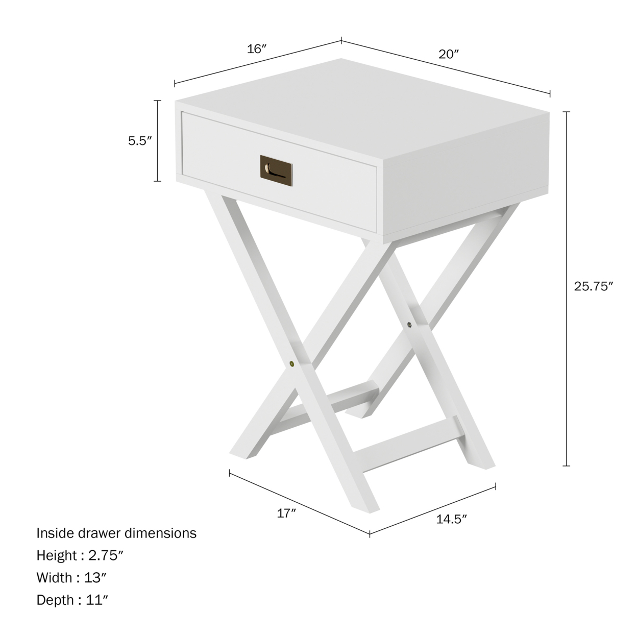 End Table With Drawer- Modern Sofa Side Table With X-Leg DesignWhite Wooden Stand For Living Room Or Bedroom