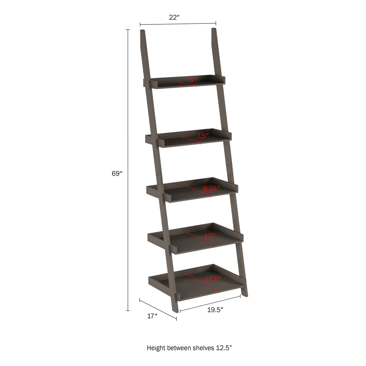 Ladder Bookshelf 5 Tier Leaning Decorative Shelves For Display-Slate Gray Shelf Stand-Living Room, Bathroom & Kitchen Shelving