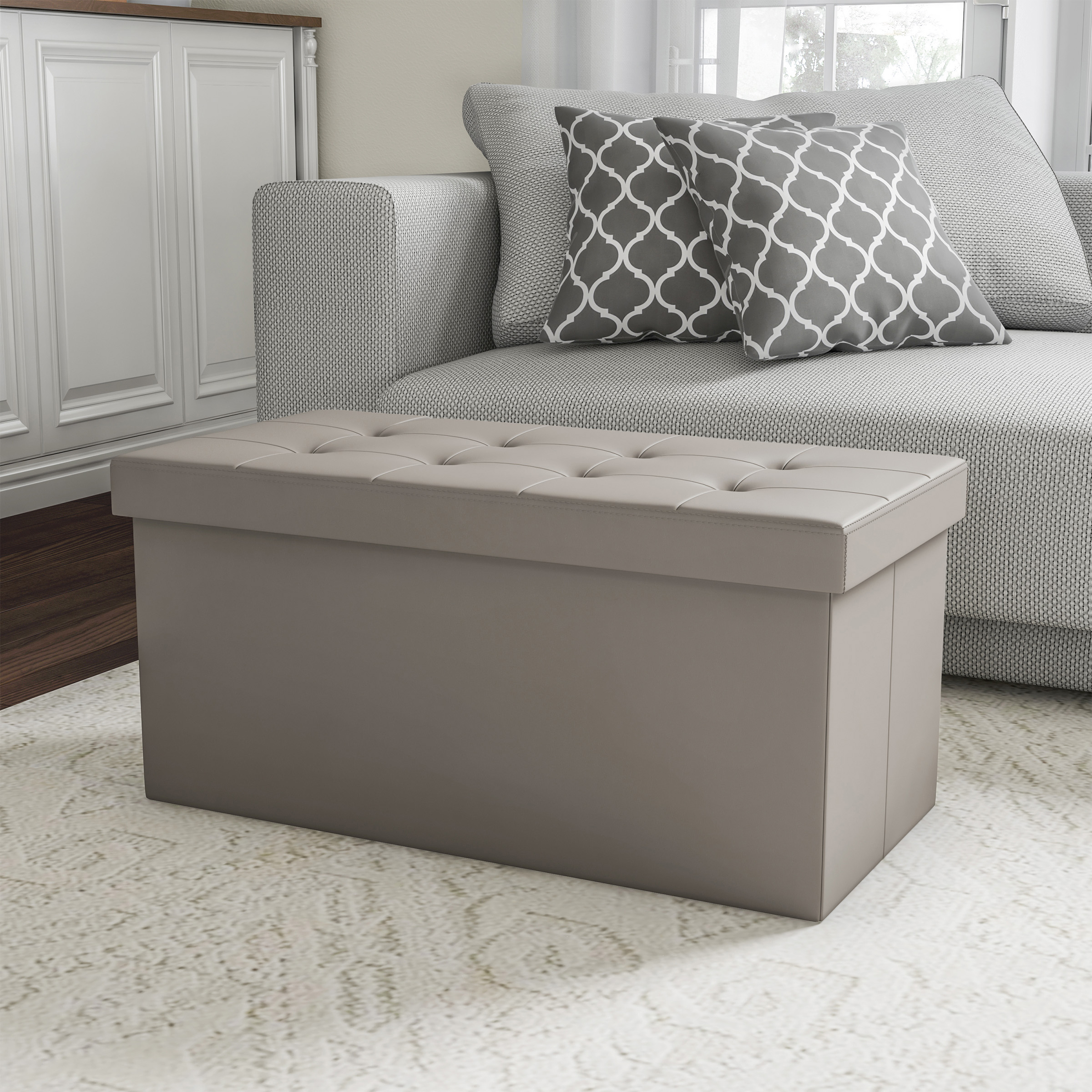 Folding Storage Bench Ottoman Faux Gray Leather- Foam Padded Lid-Removable Bin-Organizer For Home, Bedroom