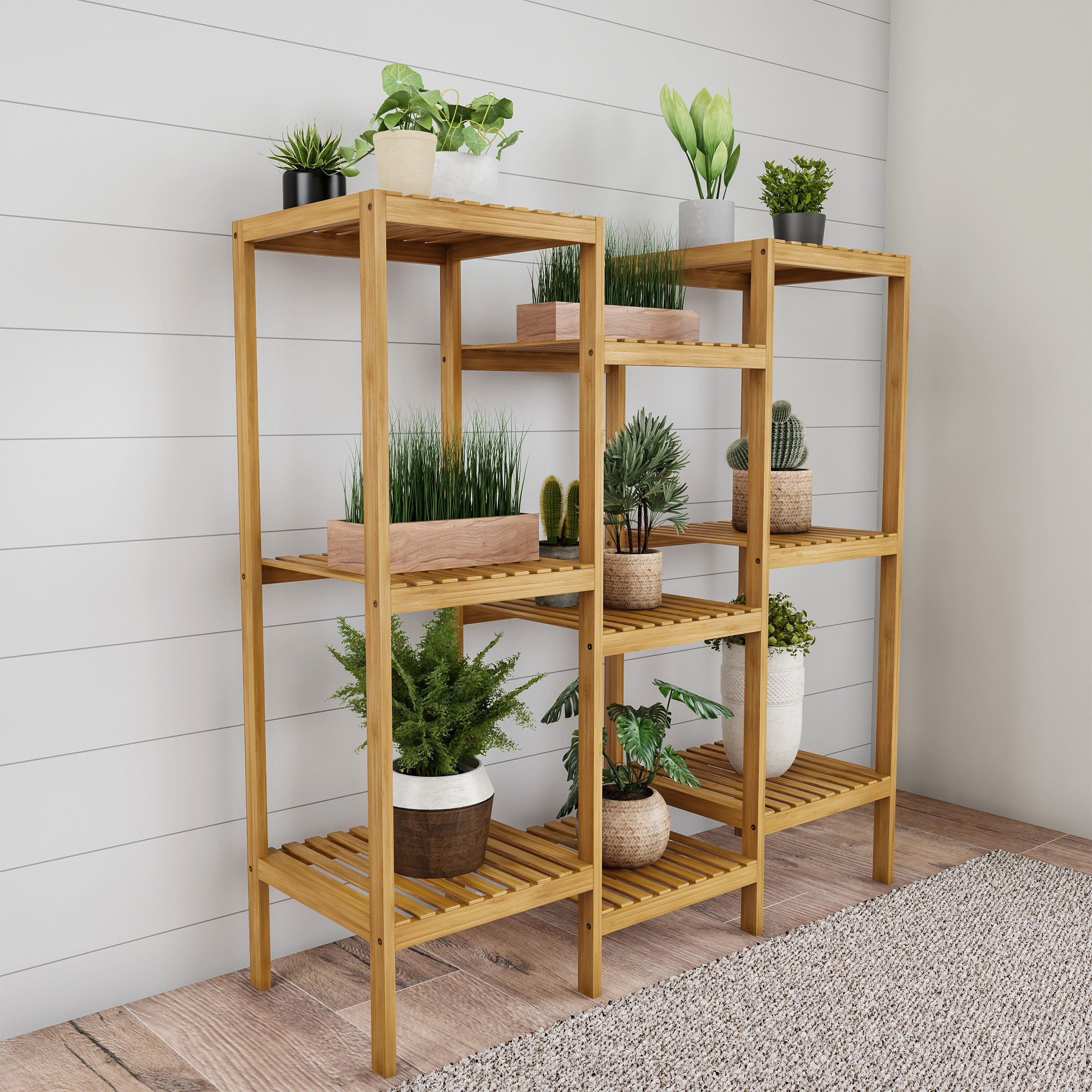 Multi-Level Plant Stand-Freestanding 9 Shelf Bamboo Storage Rack-Indoor/Outdoor Shelving Unit For Flowerpots, Planters, Shoes & Display