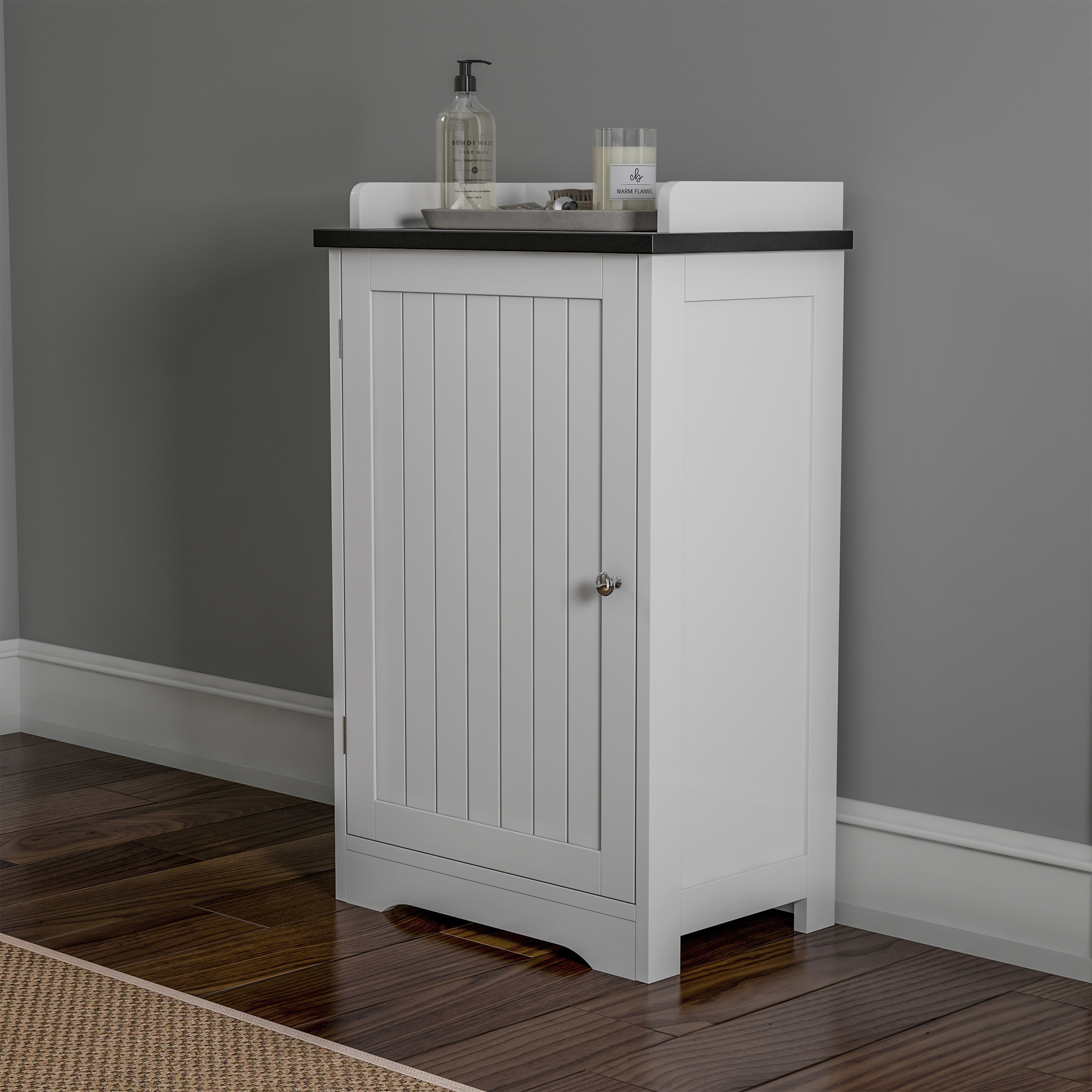 Bathroom Floor Cabinet Free Standing White Storage Cupboard For Bath Towels Or Laundry Room Adjustable Shelf & Slatted Look