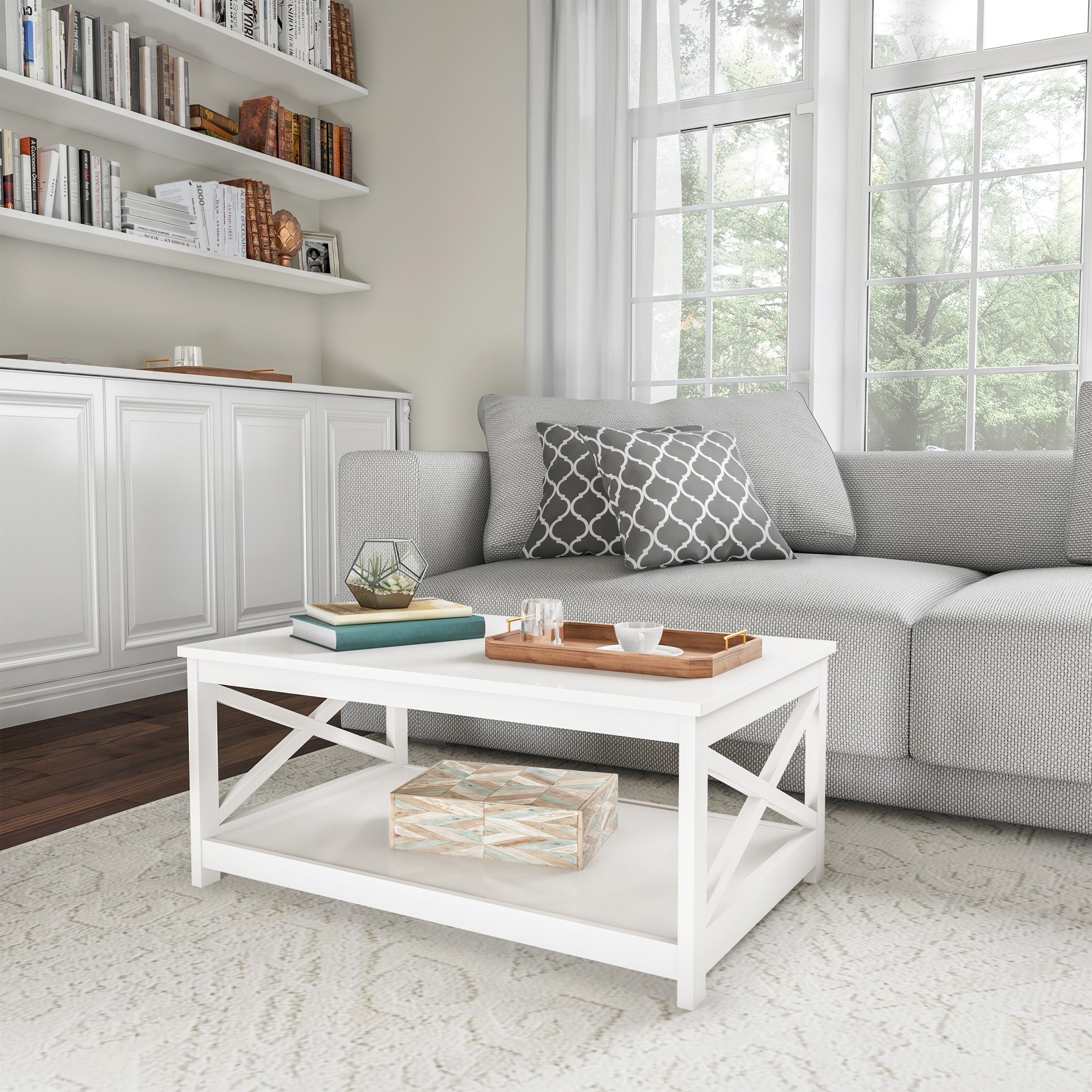 Coffee Table- White Wood, Low Profile & X-Leg Design- 2 Tier Modern Sofa Table, Living Room Furniture