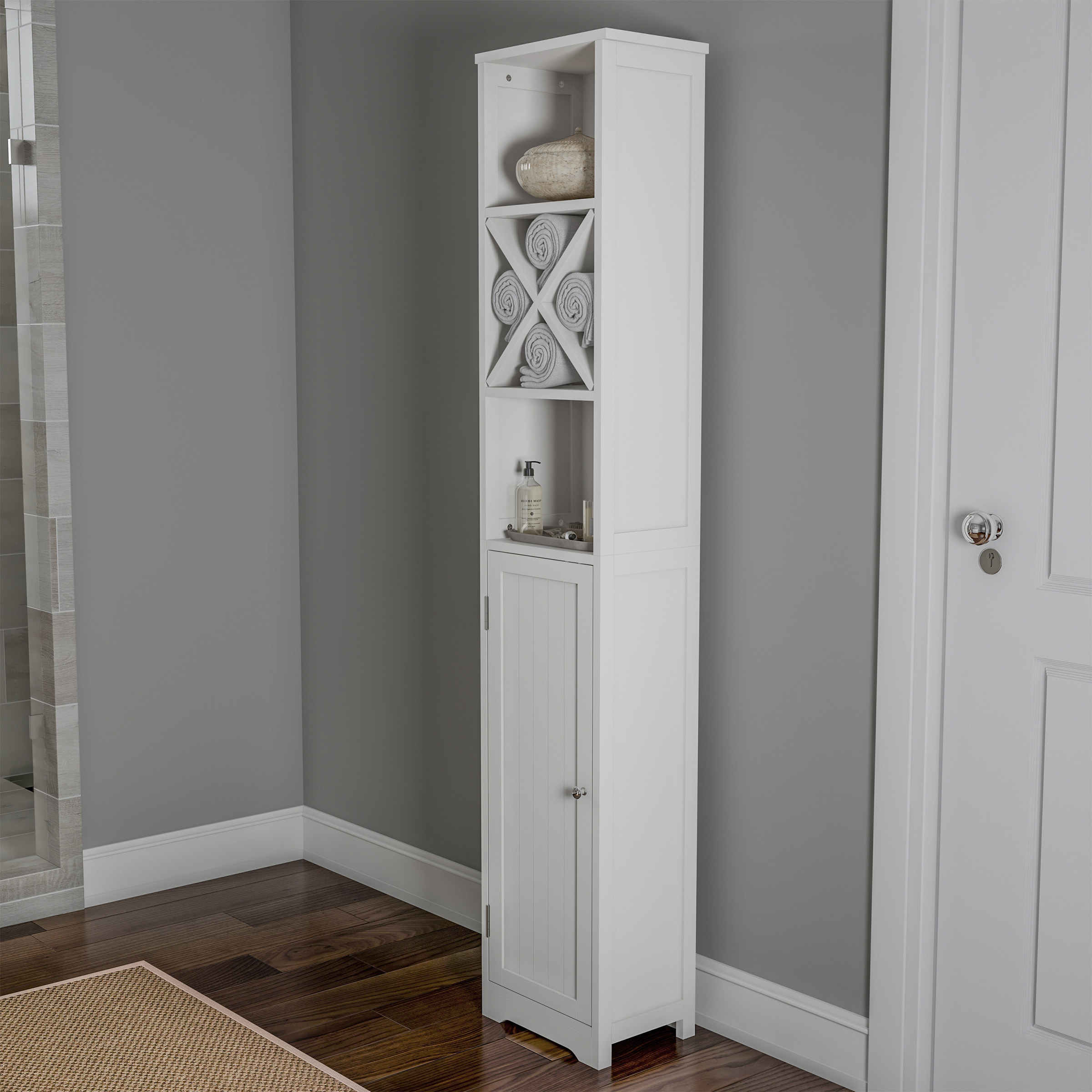 Linen Tower- 67 In. Tall Bathroom Or Laundry Room Storage Cabinet With Cubbyhole Divider For Towels-Adjustable Shelves & Cupboard
