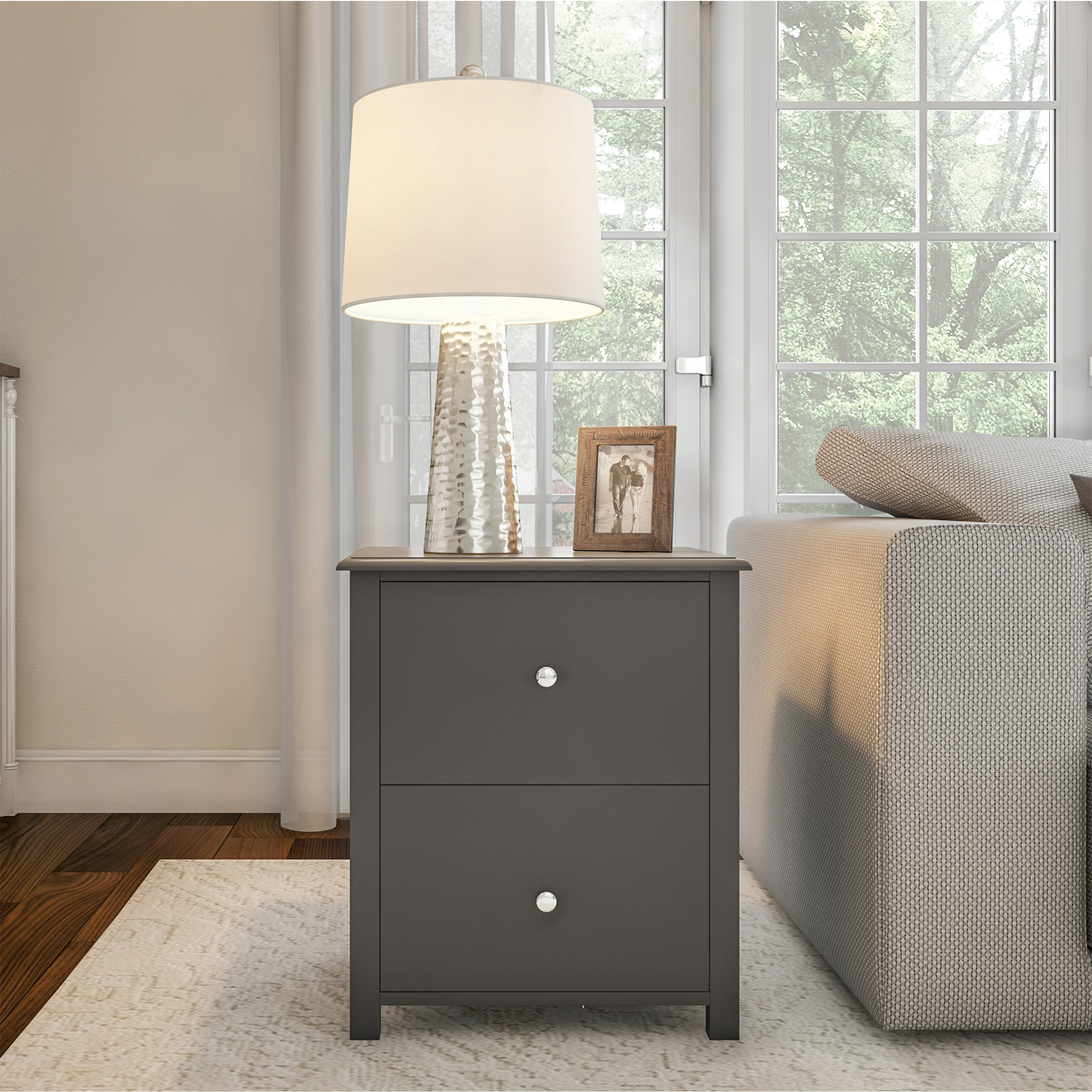 End Table With 2 Drawers-Sofa Side Table-Slate Gray & Silver Pull Knobs-Traditional Style Wooden Nightstand